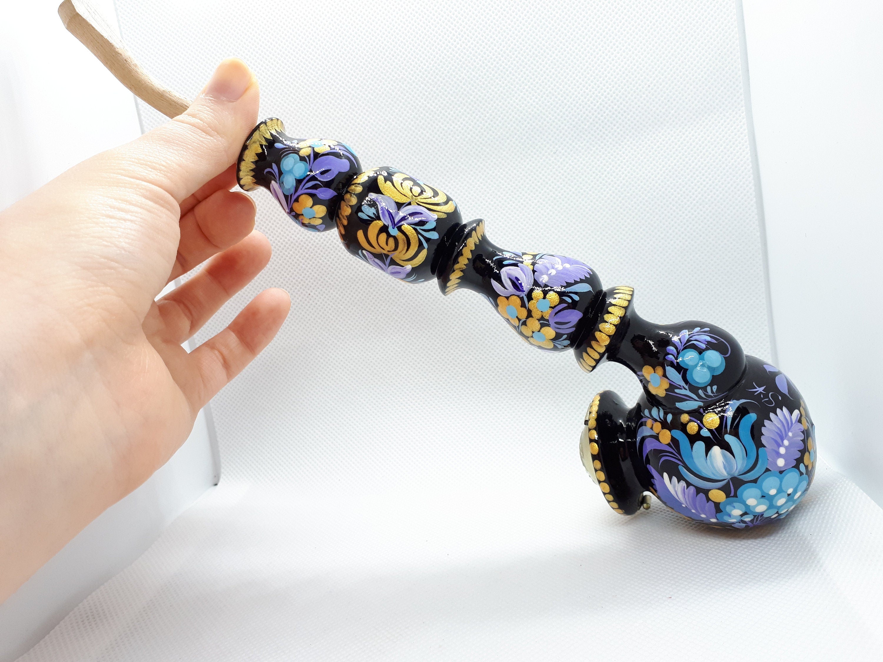 Long Wooden Smoking Pipe with Lid - Painted Ukrainian Folk Art Petrykivka Tobacco Pipe