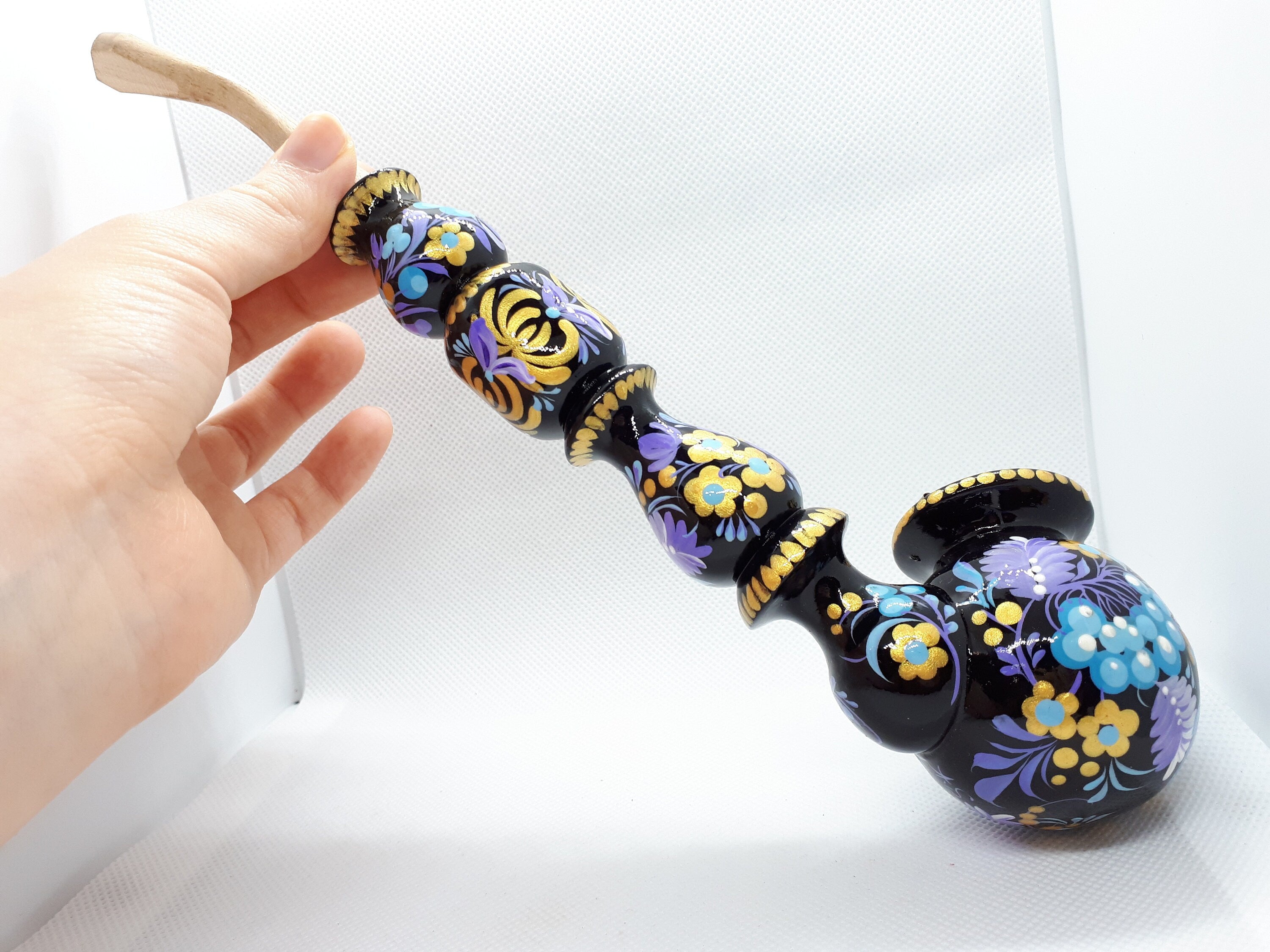 Long Wooden Smoking Pipe with Lid - Painted Ukrainian Folk Art Petrykivka Tobacco Pipe