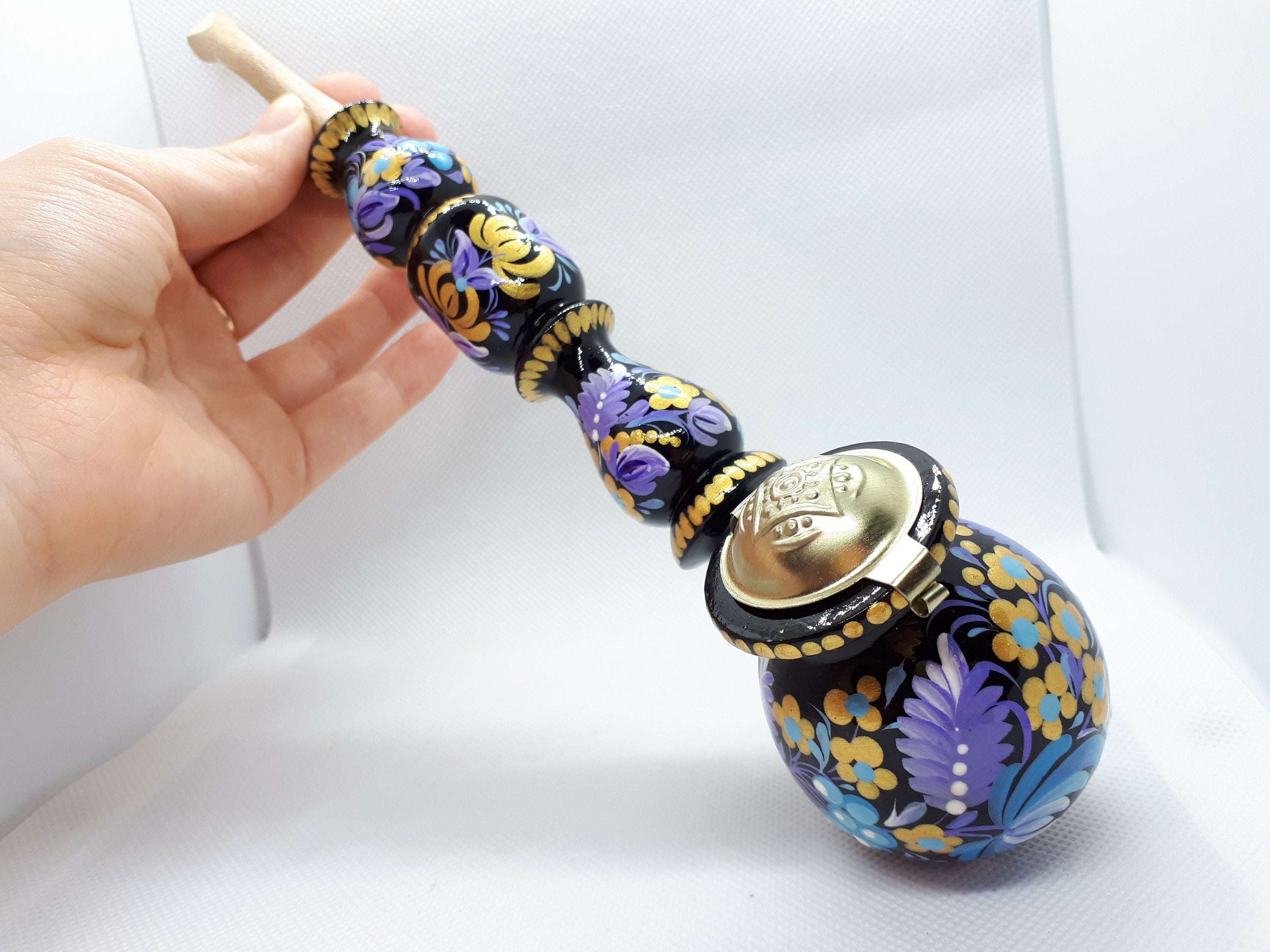 Long Wooden Smoking Pipe with Lid - Painted Ukrainian Folk Art Petrykivka Tobacco Pipe