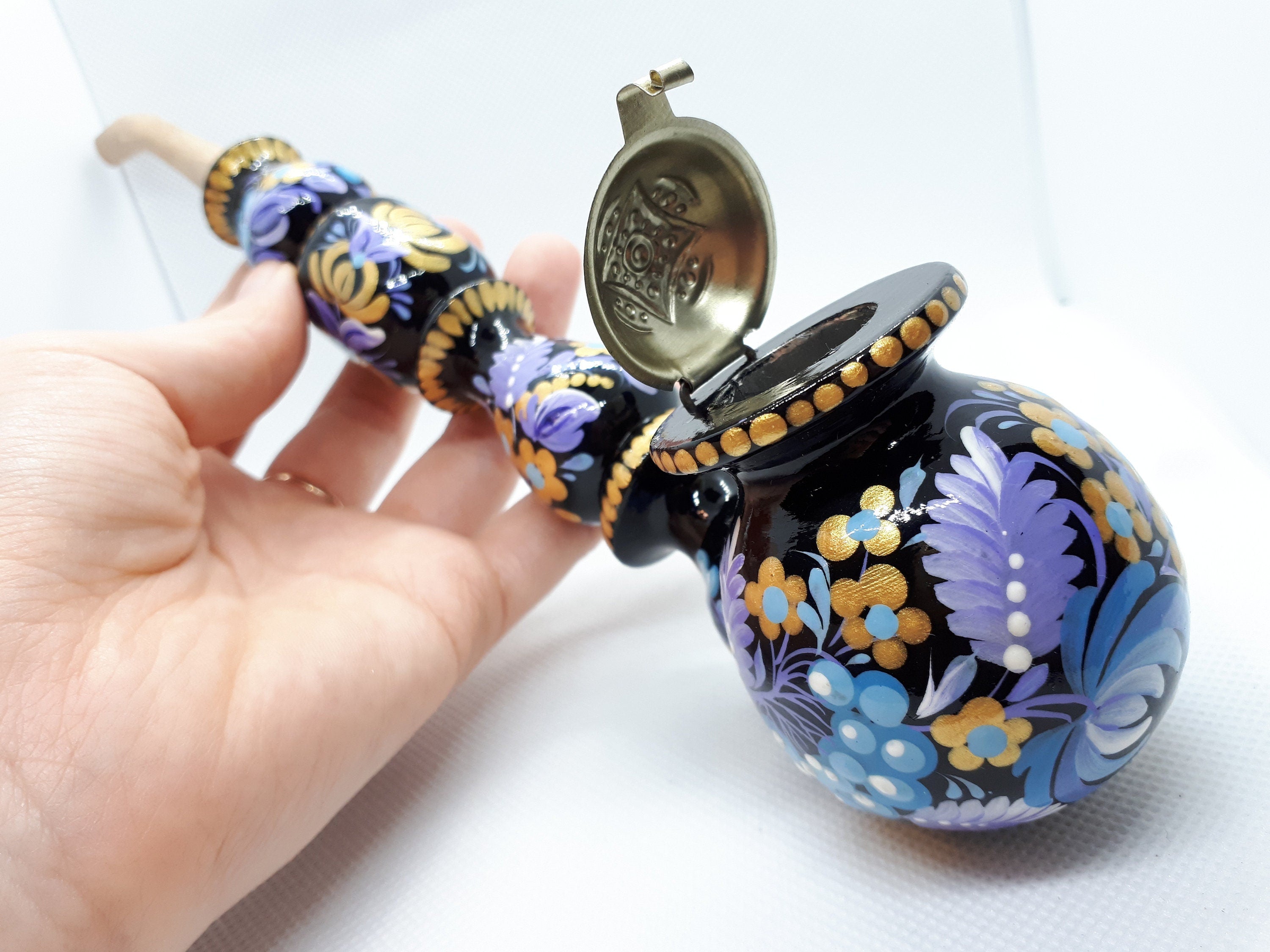 Long Wooden Smoking Pipe with Lid - Painted Ukrainian Folk Art Petrykivka Tobacco Pipe
