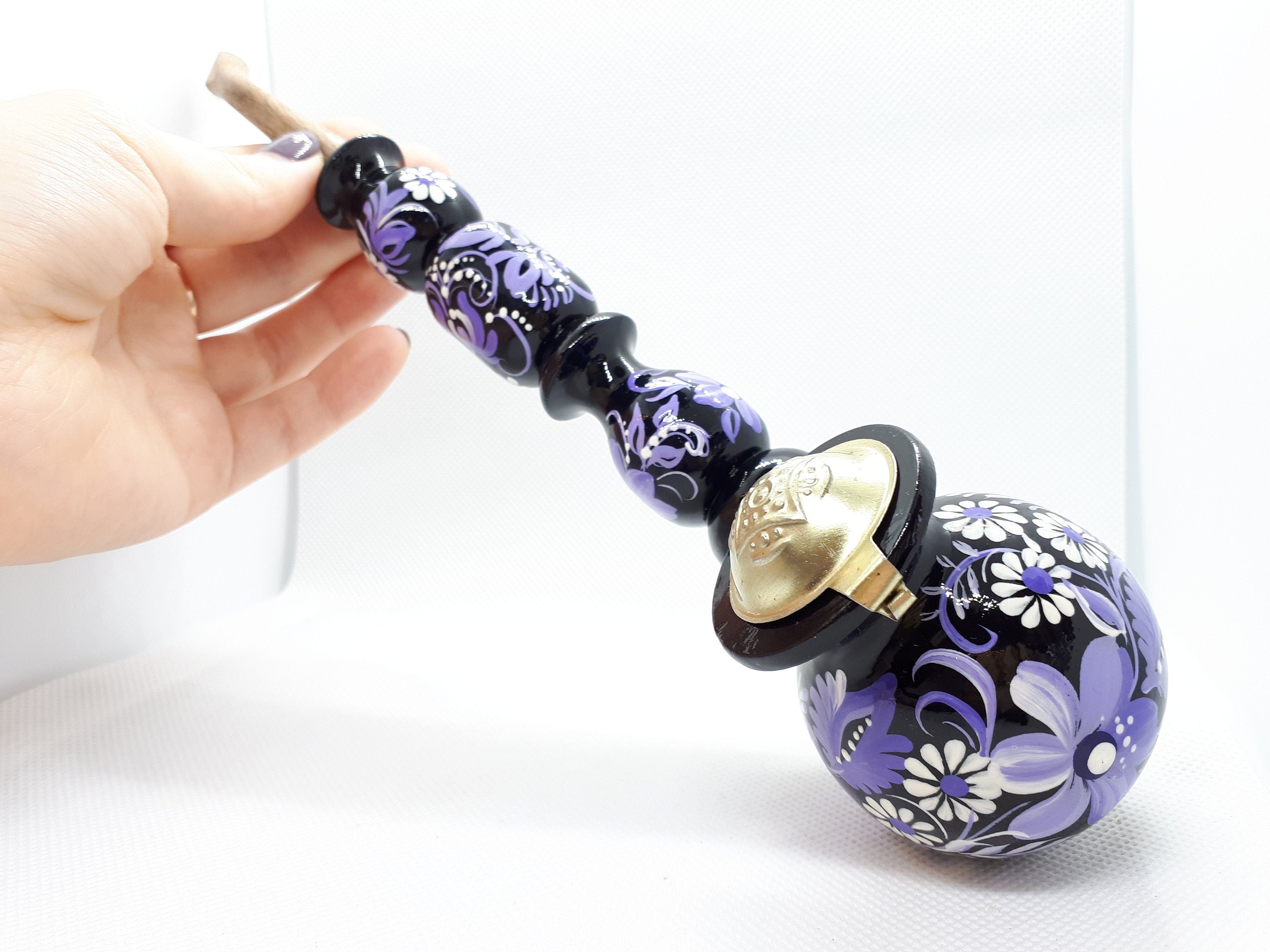 Long Wooden Smoking Pipe with Lid - Hand-painted Purple Flower Tobacco Pipe - Ukrainian Folk Art Petrykivka