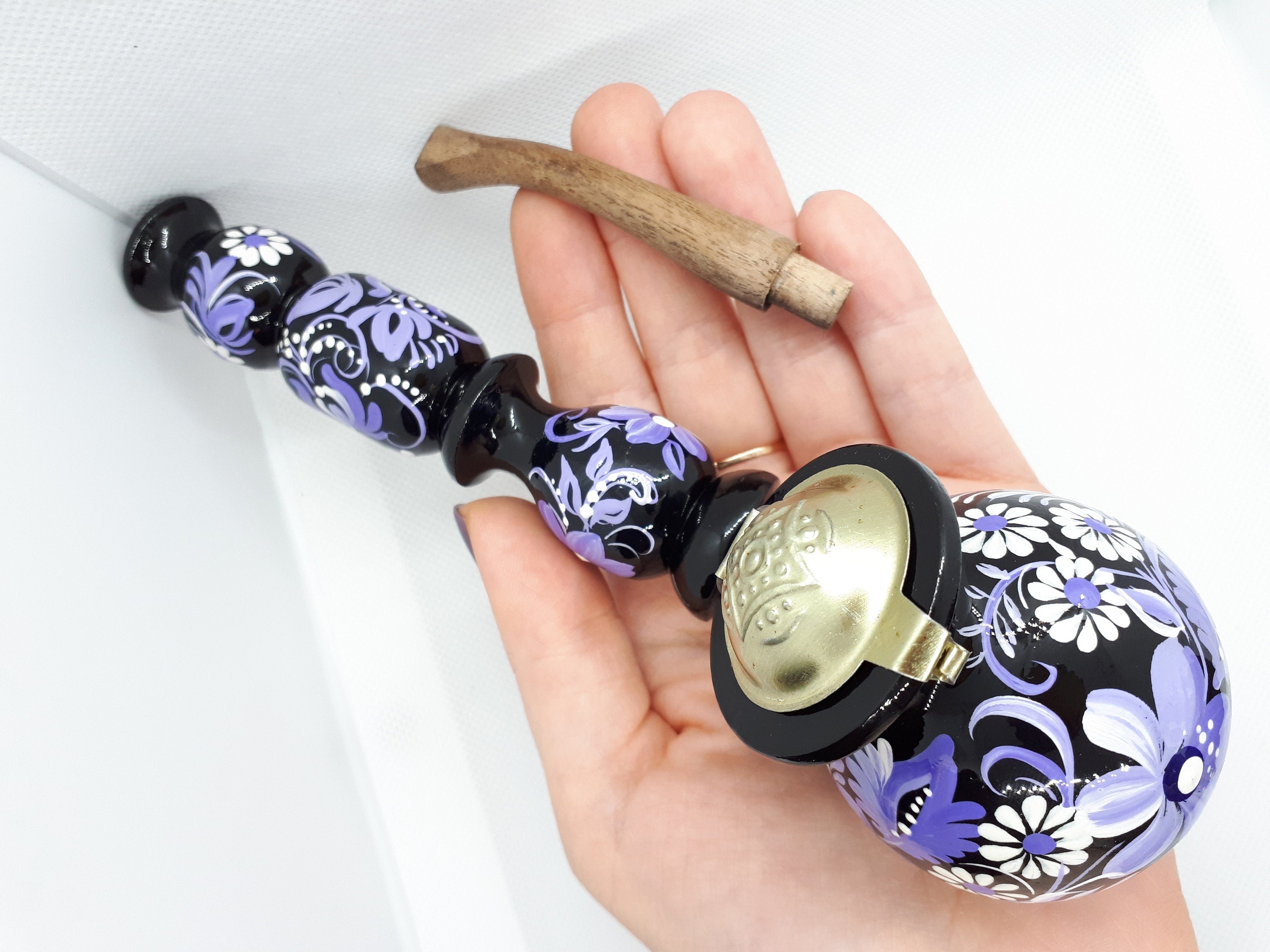 Long Wooden Smoking Pipe with Lid - Hand-painted Purple Flower Tobacco Pipe - Ukrainian Folk Art Petrykivka