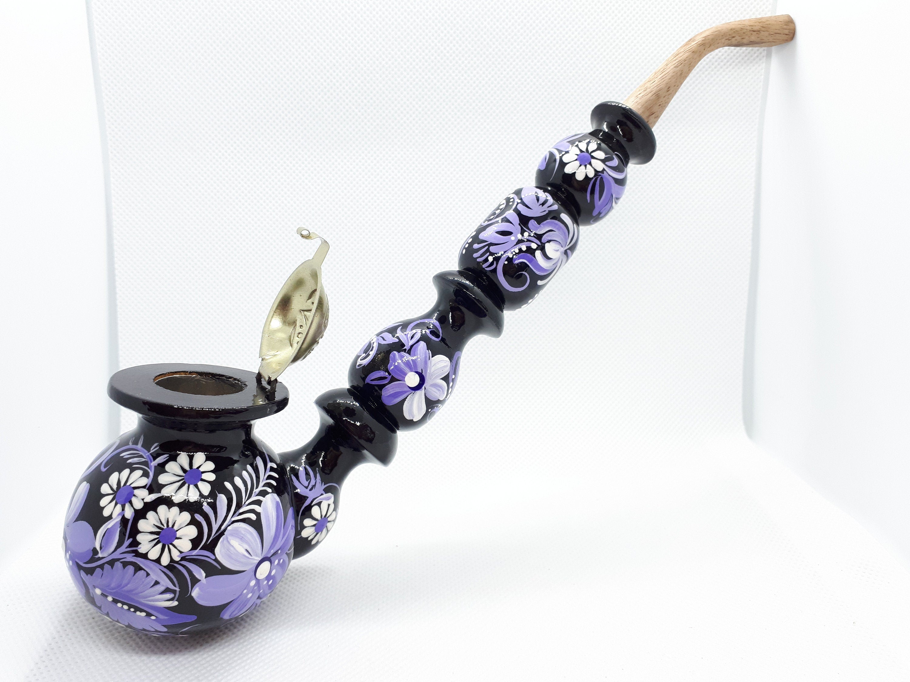 Long Wooden Smoking Pipe with Lid - Hand-painted Purple Flower Tobacco Pipe - Ukrainian Folk Art Petrykivka