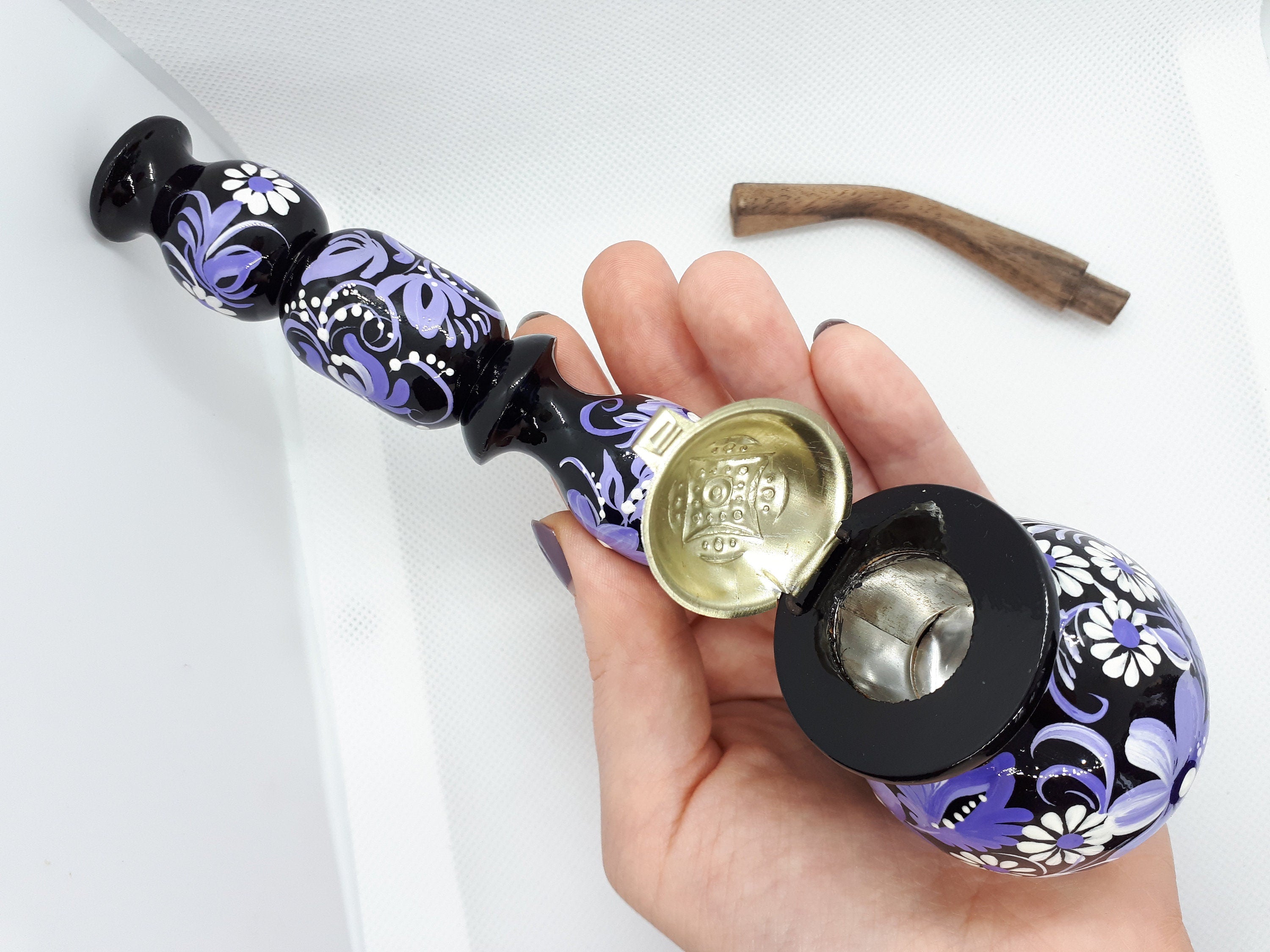 Long Wooden Smoking Pipe with Lid - Hand-painted Purple Flower Tobacco Pipe - Ukrainian Folk Art Petrykivka