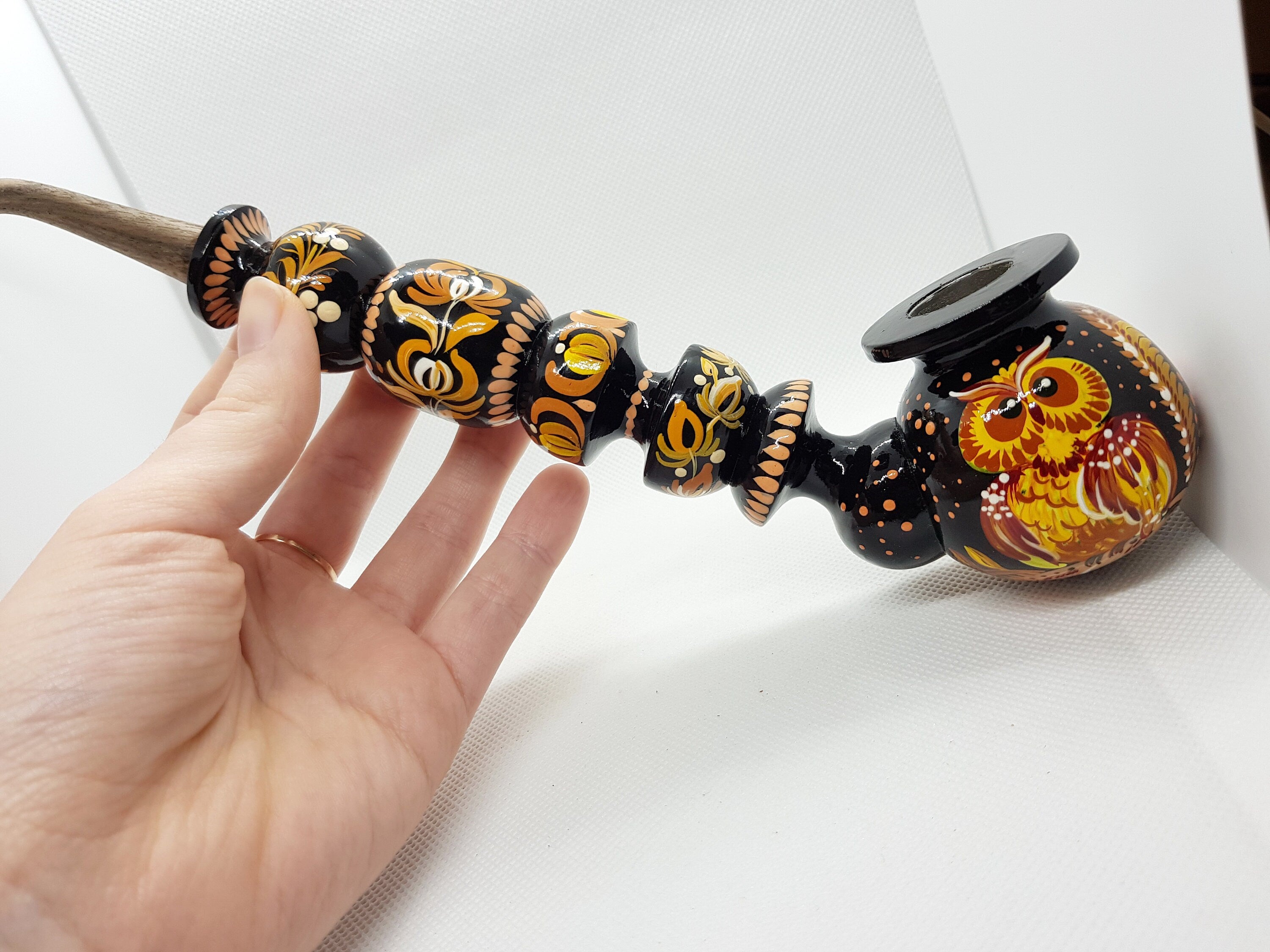 Hand-Painted Long Smoking Pipe - Wooden Owl Tobacco Pipe with Ukrainian Folk Art Petrykivka