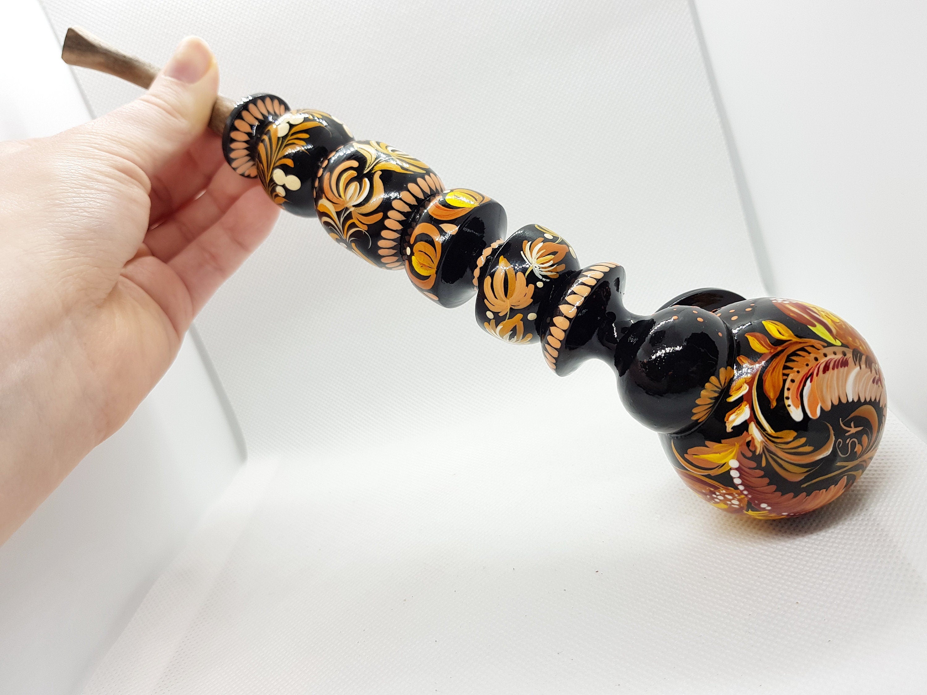 Hand-Painted Long Smoking Pipe - Wooden Owl Tobacco Pipe with Ukrainian Folk Art Petrykivka