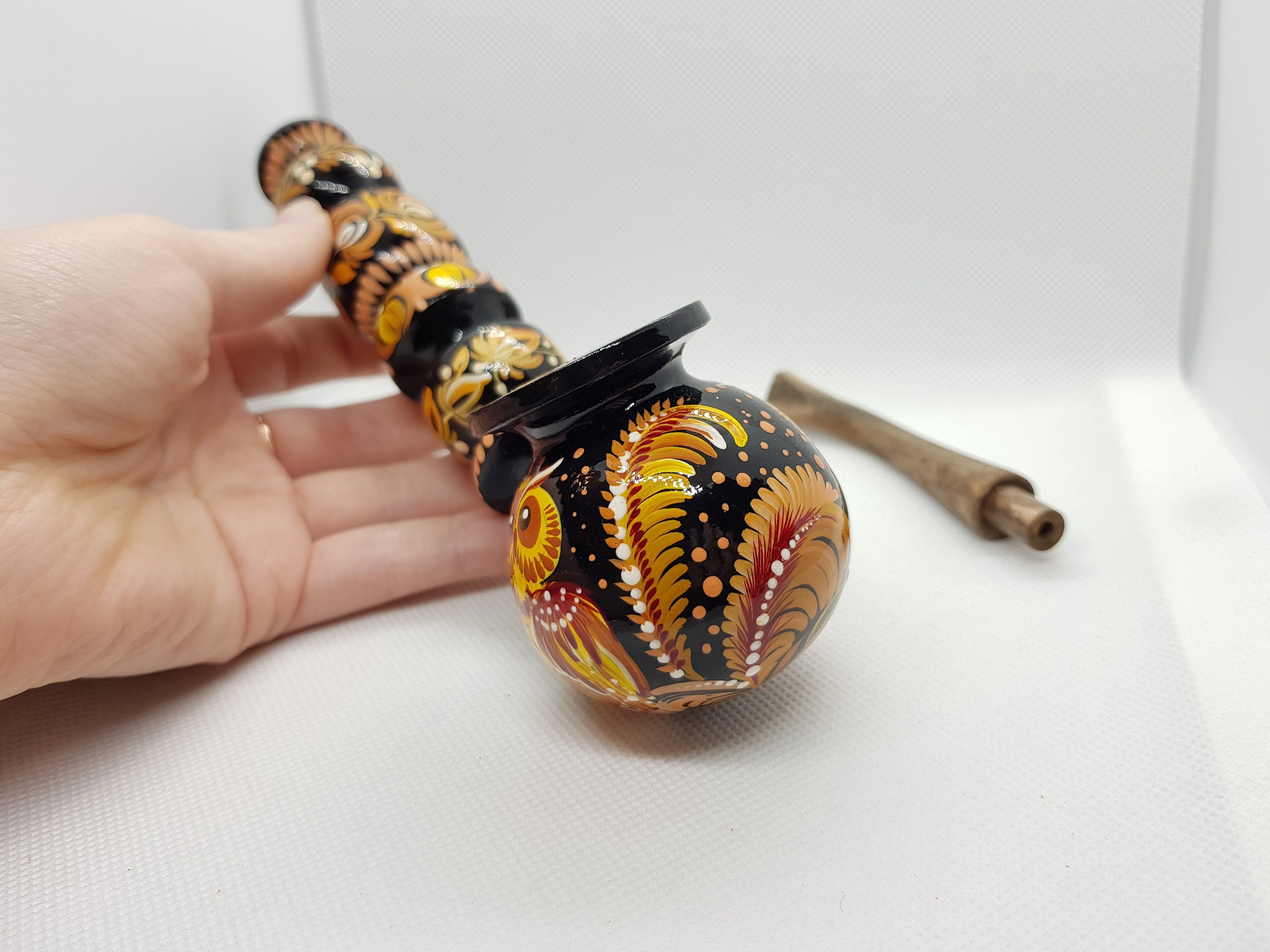 Hand-Painted Long Smoking Pipe - Wooden Owl Tobacco Pipe with Ukrainian Folk Art Petrykivka