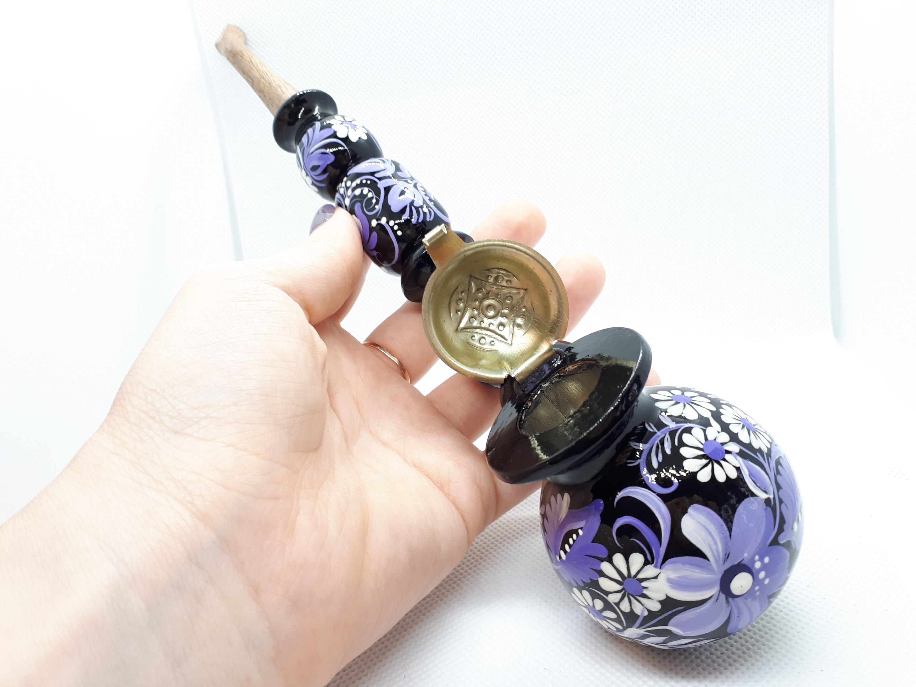 Long Wooden Smoking Pipe with Lid - Hand-painted Purple Flower Tobacco Pipe - Ukrainian Folk Art Petrykivka