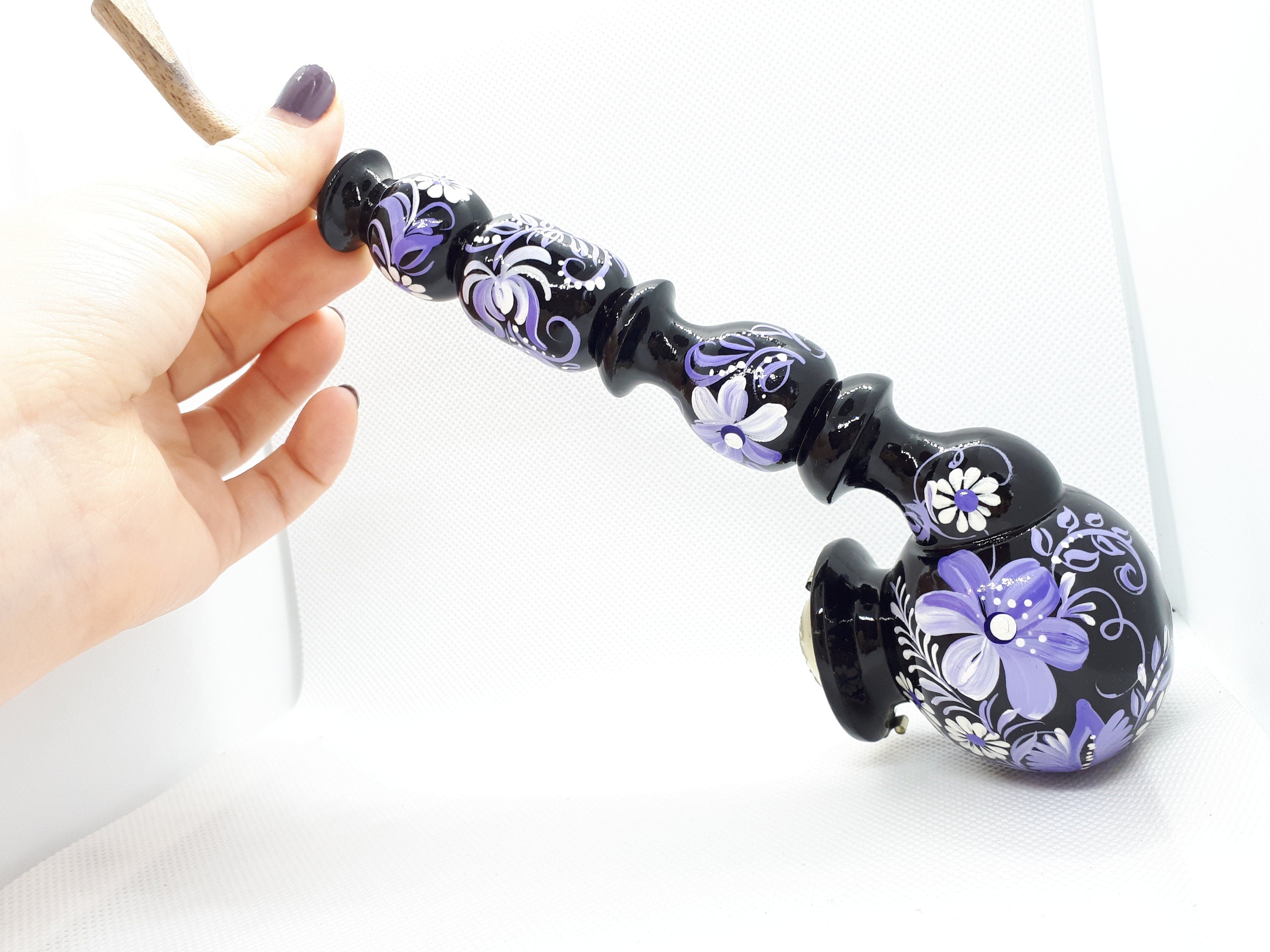 Long Wooden Smoking Pipe with Lid - Hand-painted Purple Flower Tobacco Pipe - Ukrainian Folk Art Petrykivka