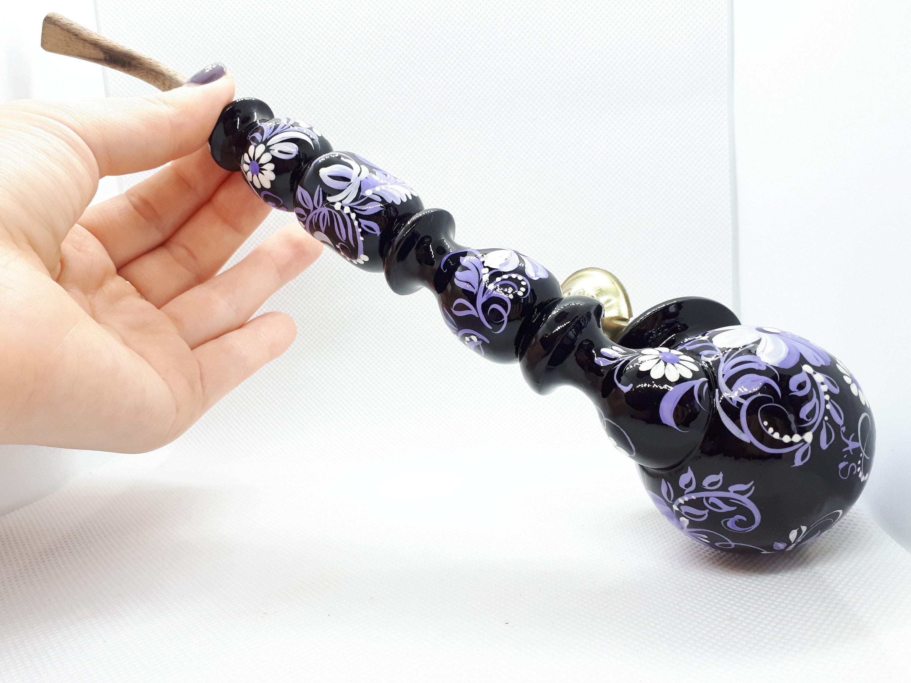 Long Wooden Smoking Pipe with Lid - Hand-painted Purple Flower Tobacco Pipe - Ukrainian Folk Art Petrykivka
