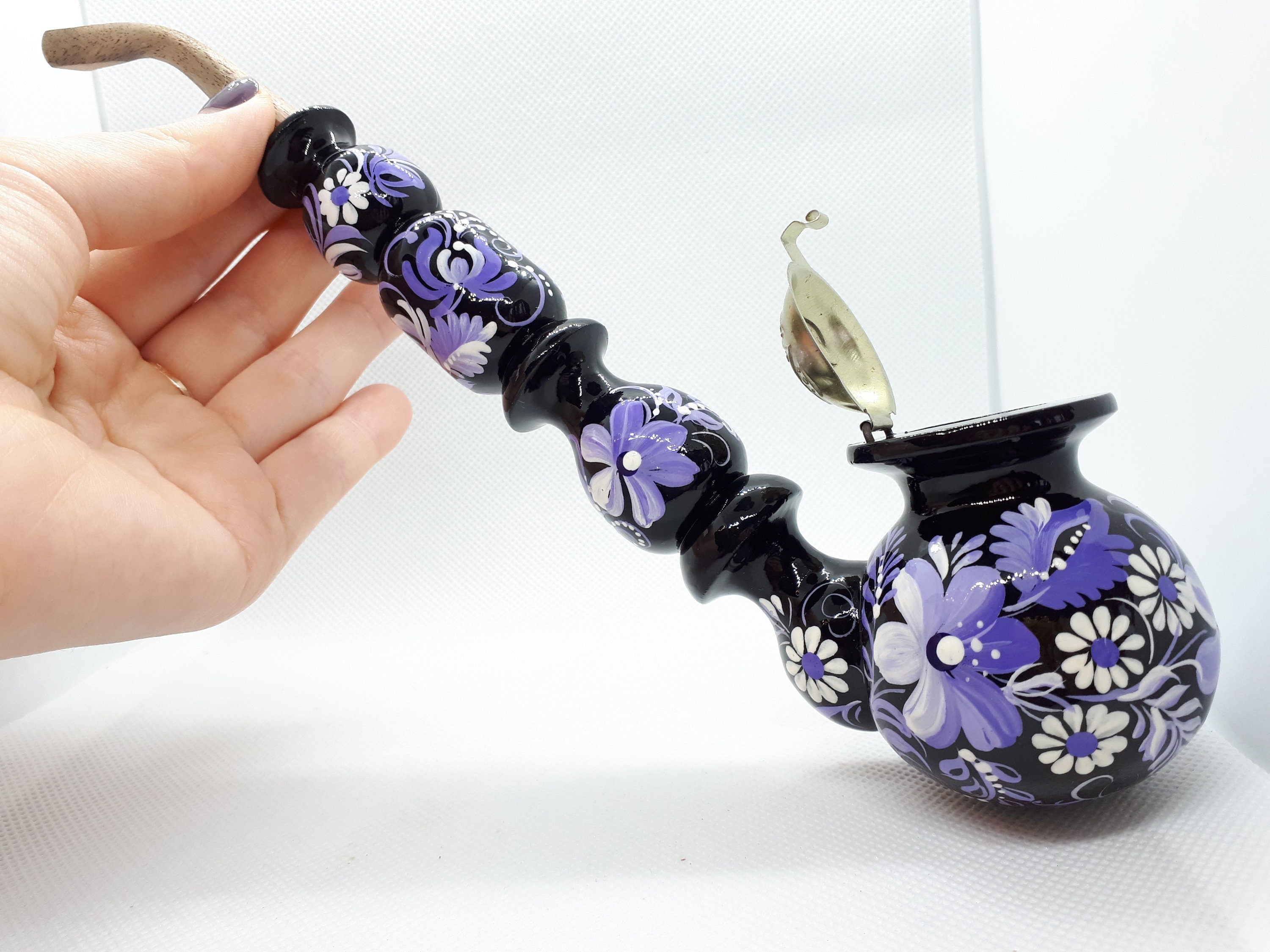 Long Wooden Smoking Pipe with Lid - Hand-painted Purple Flower Tobacco Pipe - Ukrainian Folk Art Petrykivka