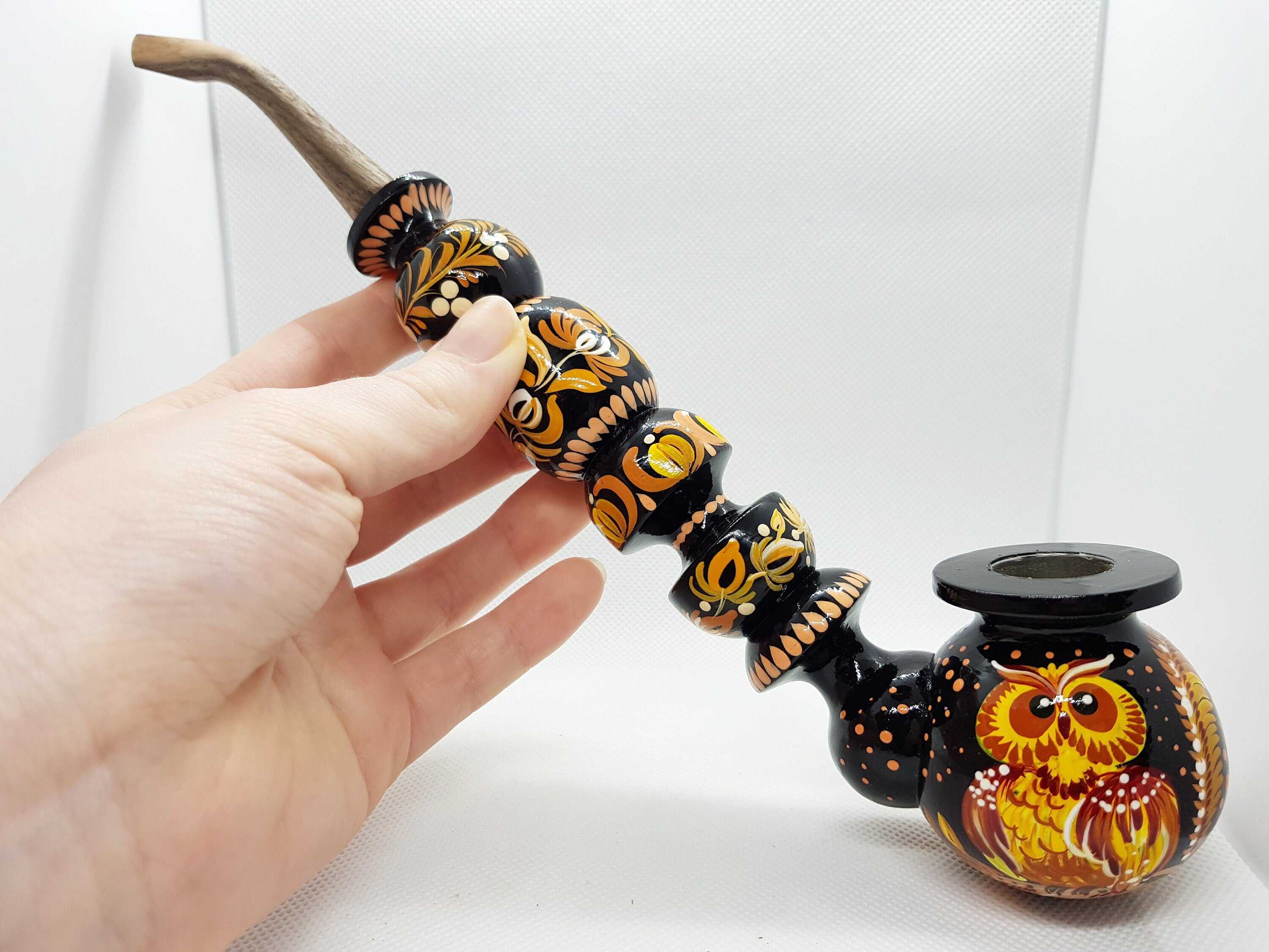 Hand-Painted Long Smoking Pipe - Wooden Owl Tobacco Pipe with Ukrainian Folk Art Petrykivka
