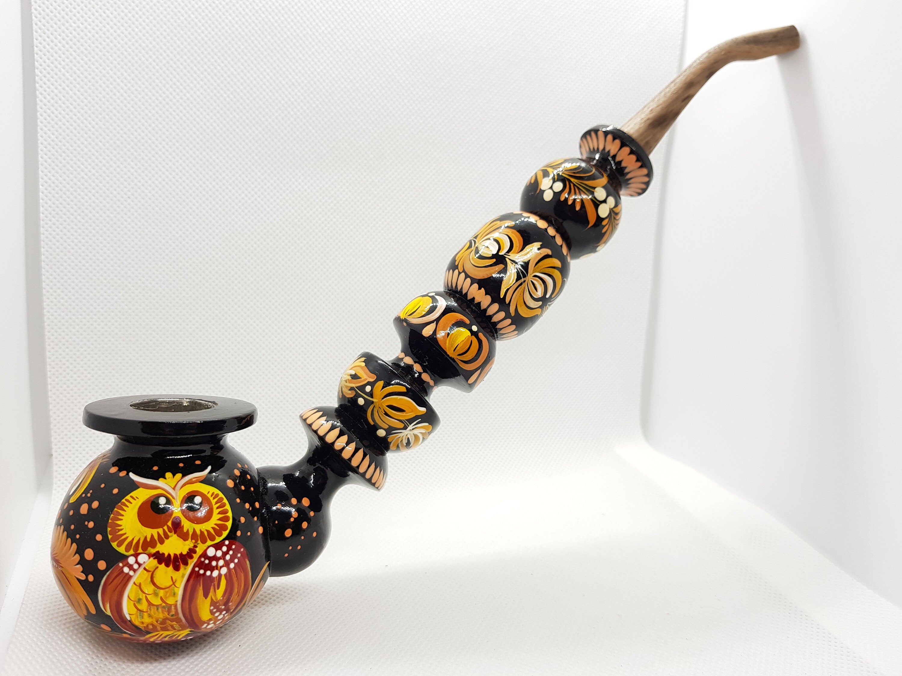 Hand-Painted Long Smoking Pipe - Wooden Owl Tobacco Pipe with Ukrainian Folk Art Petrykivka