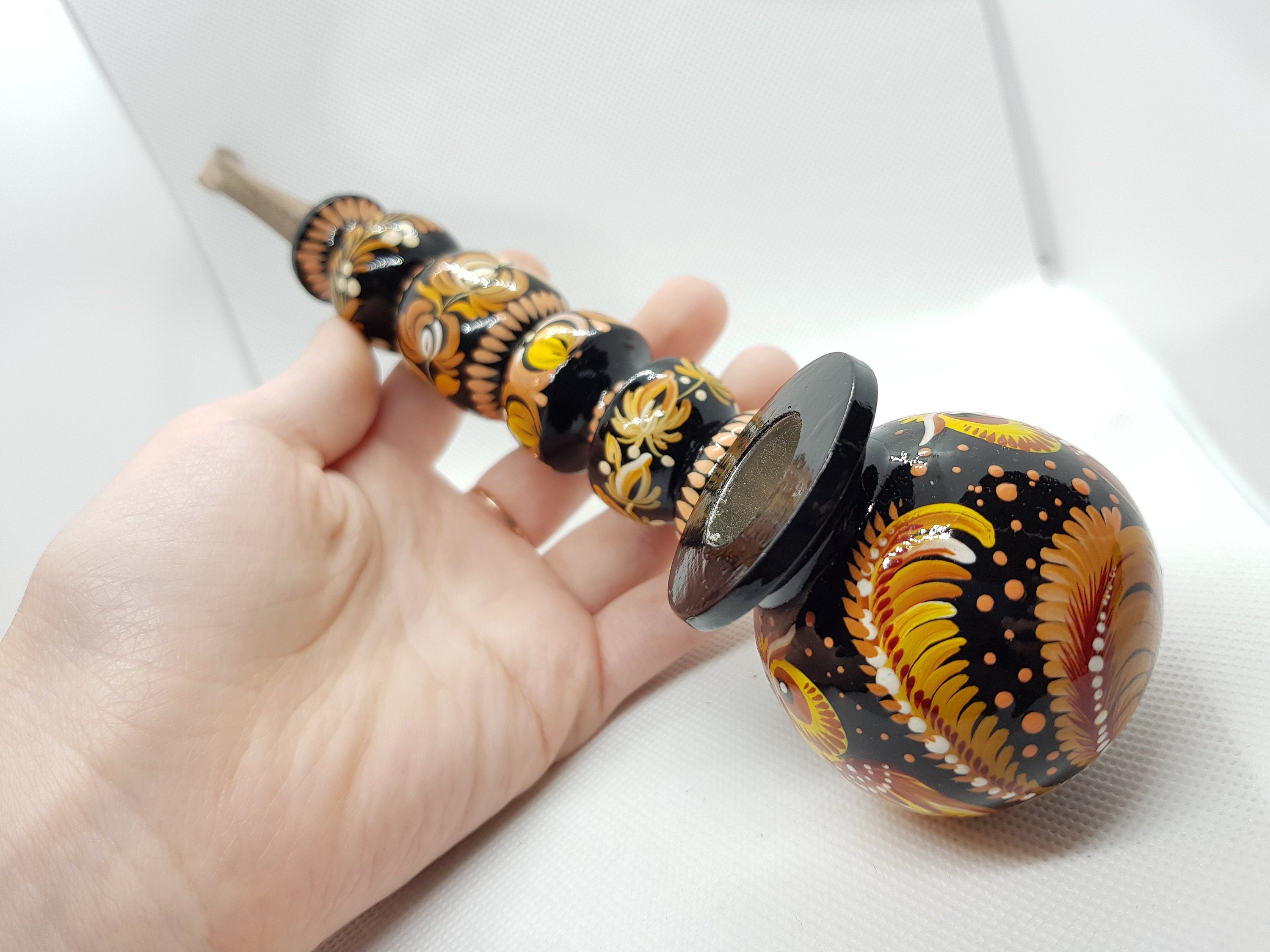 Hand-Painted Long Smoking Pipe - Wooden Owl Tobacco Pipe with Ukrainian Folk Art Petrykivka