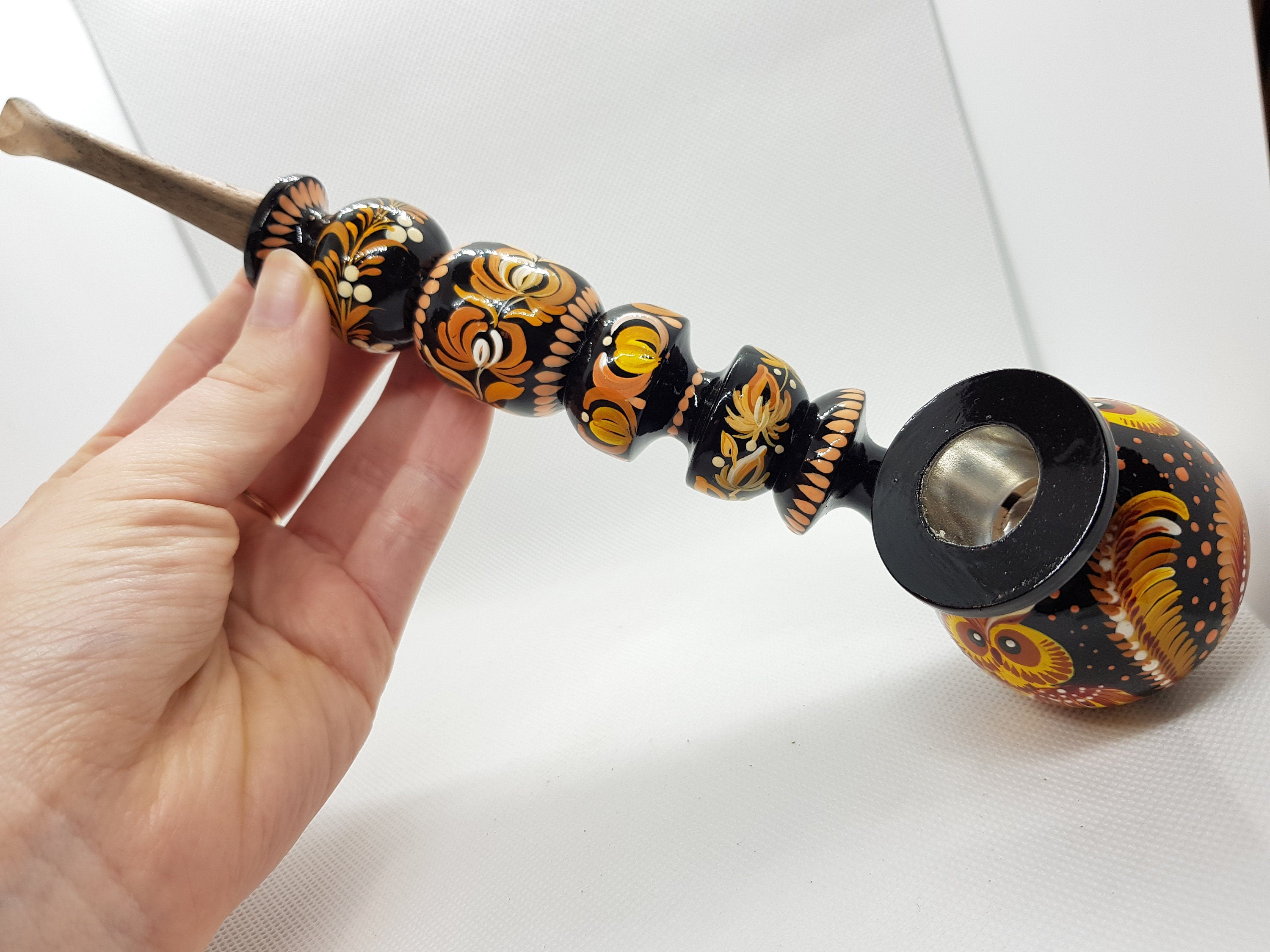 Hand-Painted Long Smoking Pipe - Wooden Owl Tobacco Pipe with Ukrainian Folk Art Petrykivka