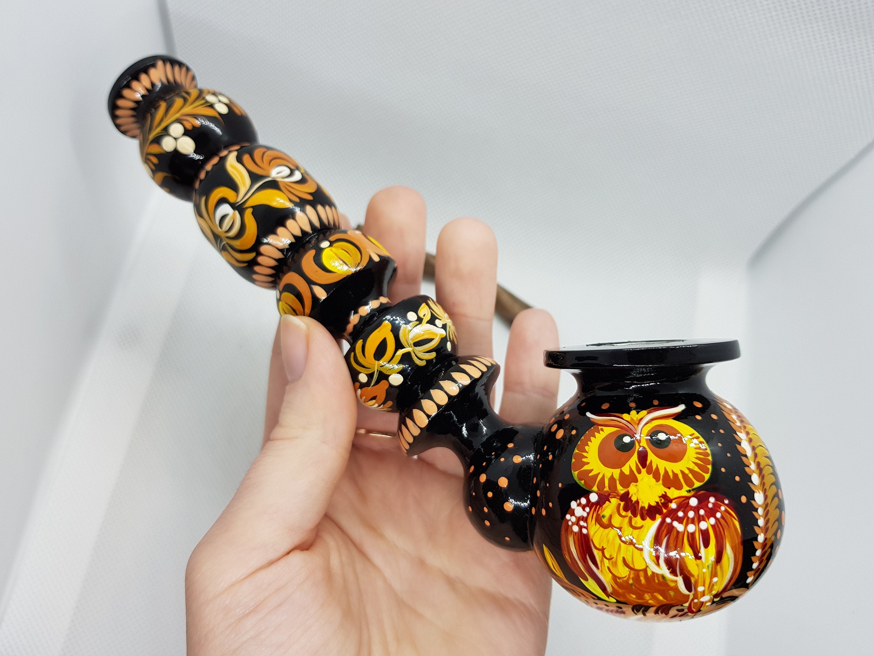 Hand-Painted Long Smoking Pipe - Wooden Owl Tobacco Pipe with Ukrainian Folk Art Petrykivka