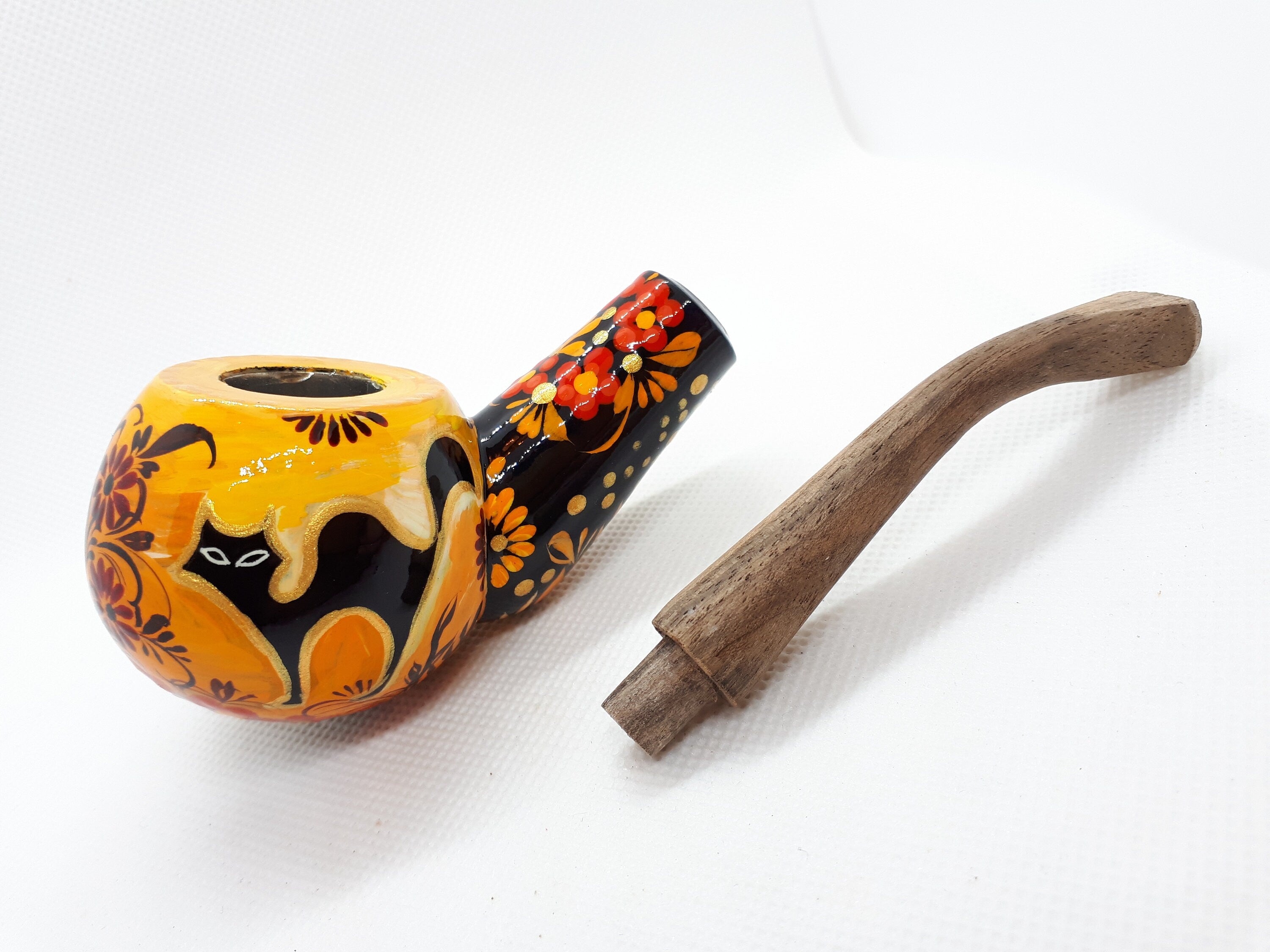 Painted Halloween smoking pipe - Wooden flying bat & Black cat tobacco pipe made in Ukraine