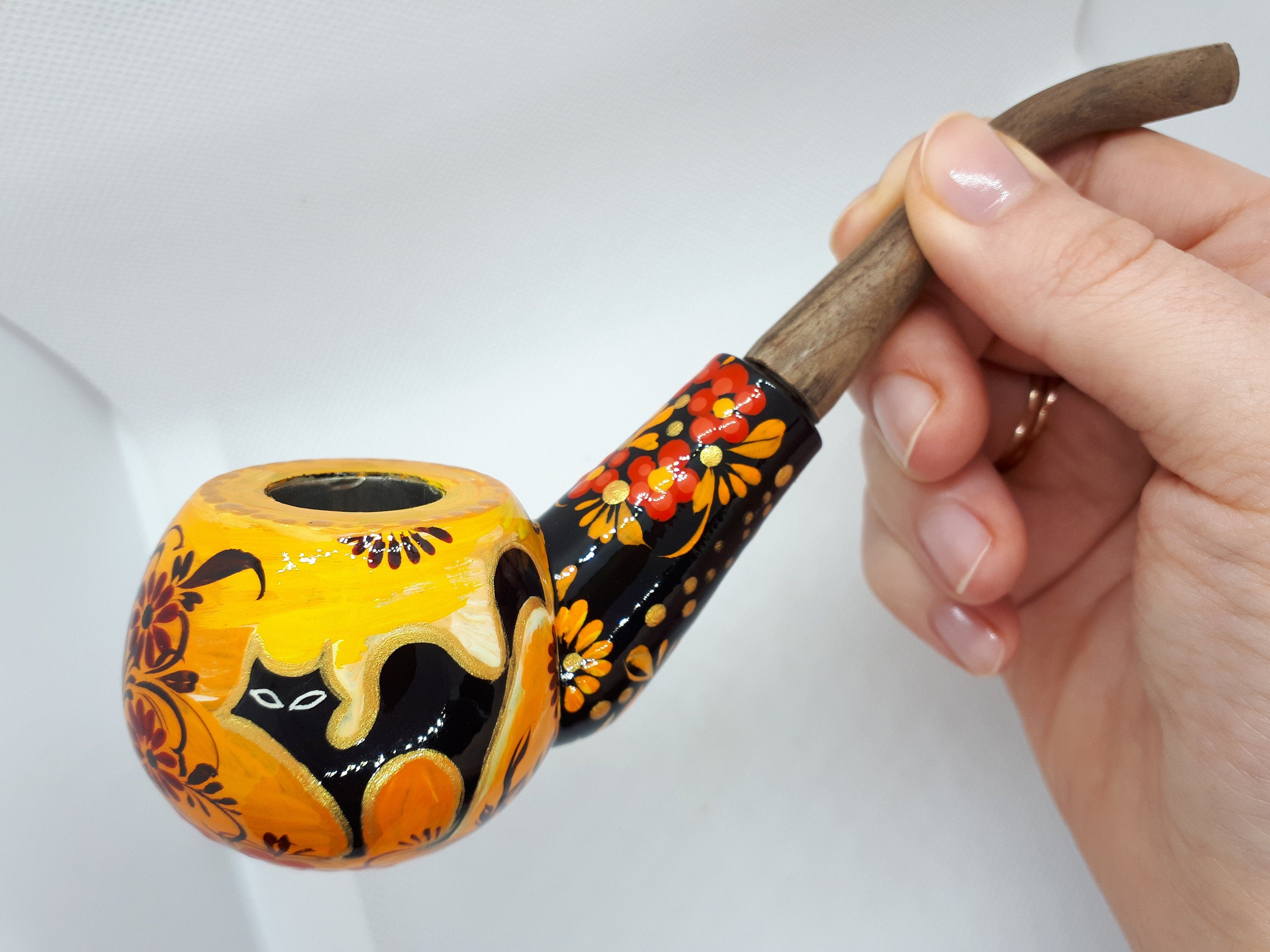 Painted Halloween smoking pipe - Wooden flying bat & Black cat tobacco pipe made in Ukraine
