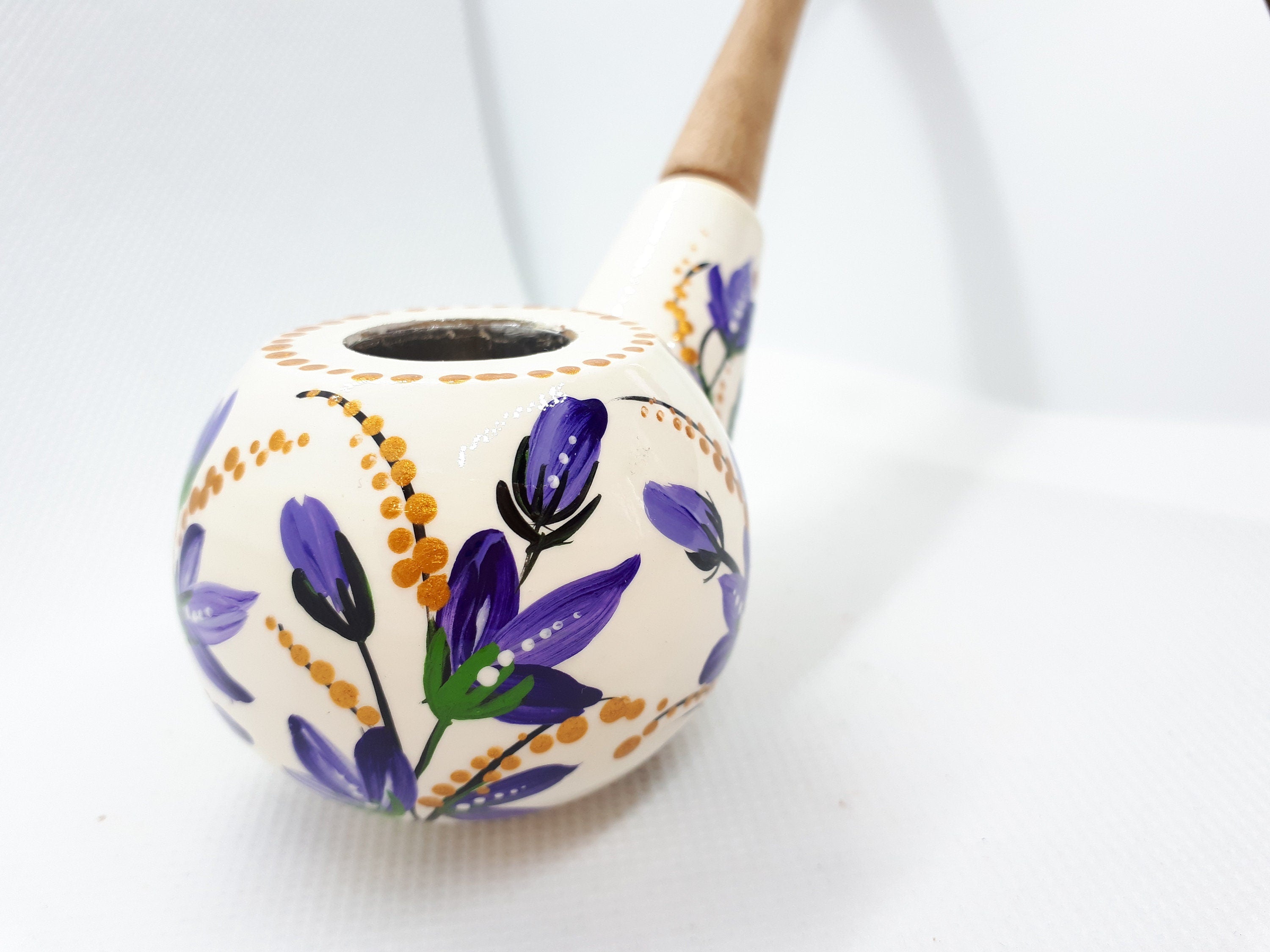 Painted Lily of the Valley Smoking Pipe - Wooden Tobacco Pipe with Ukrainian Folk Art Petrykivka