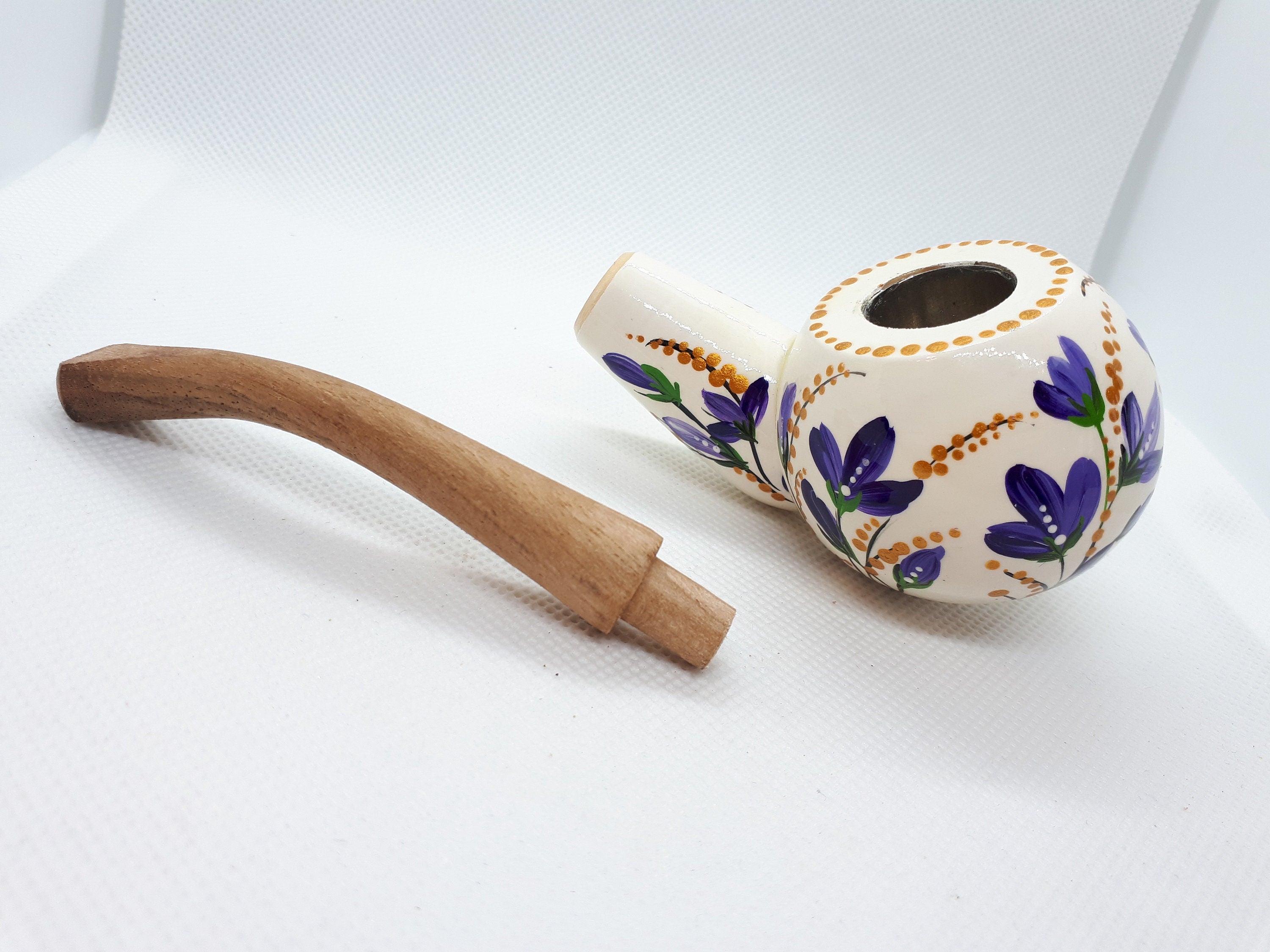Painted Lily of the Valley Smoking Pipe - Wooden Tobacco Pipe with Ukrainian Folk Art Petrykivka