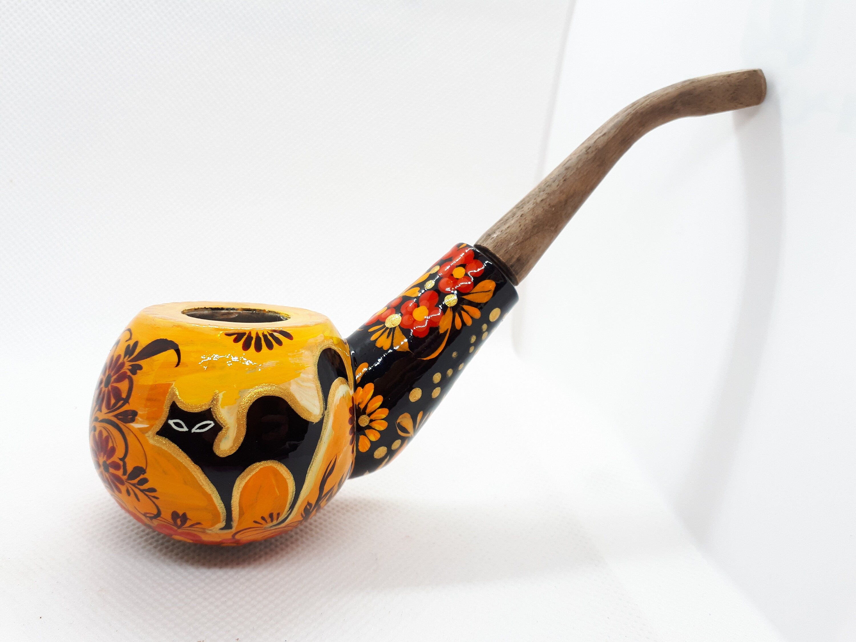 Painted Halloween smoking pipe - Wooden flying bat & Black cat tobacco pipe made in Ukraine