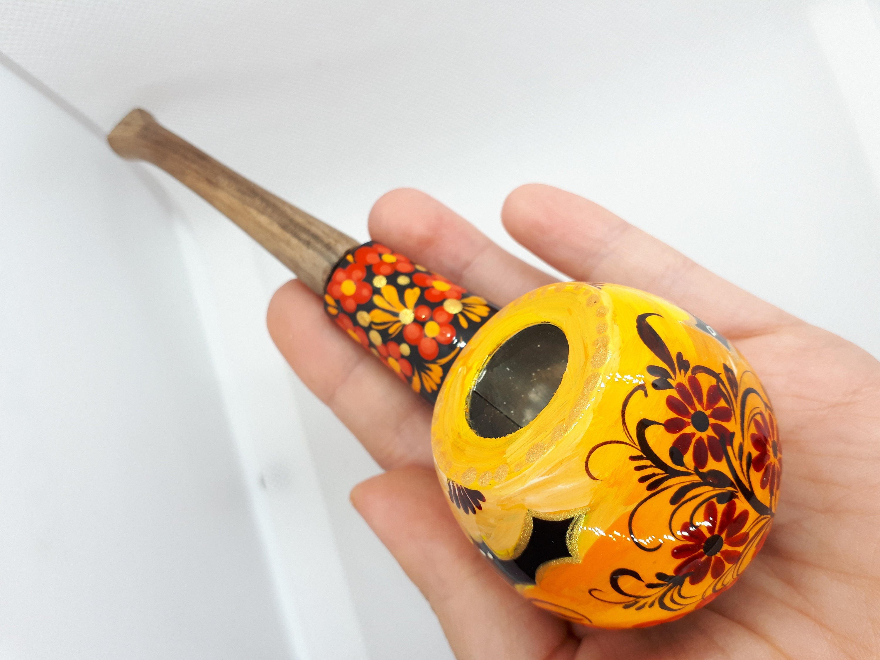 Painted Halloween smoking pipe - Wooden flying bat & Black cat tobacco pipe made in Ukraine