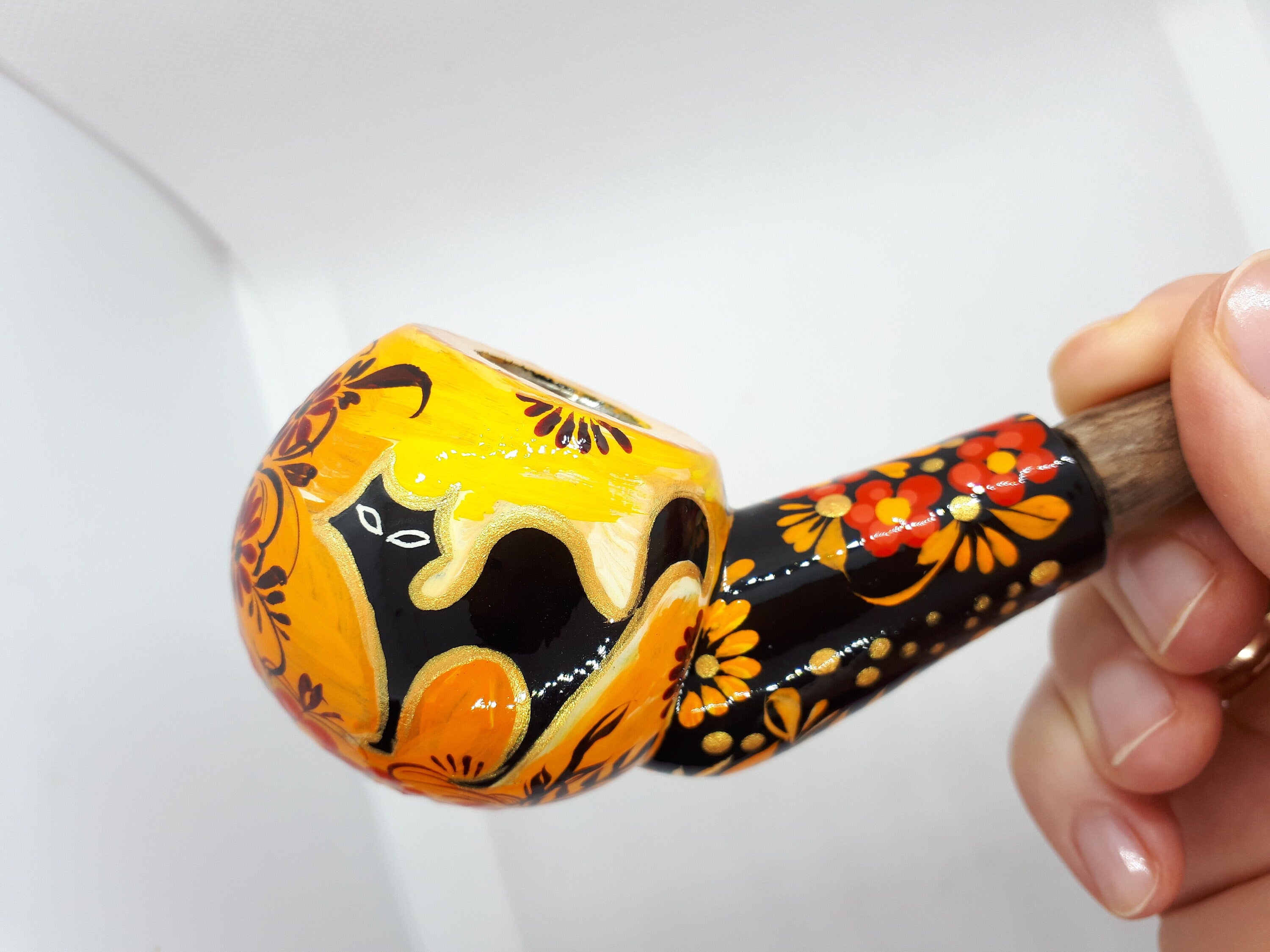 Painted Halloween smoking pipe - Wooden flying bat & Black cat tobacco pipe made in Ukraine