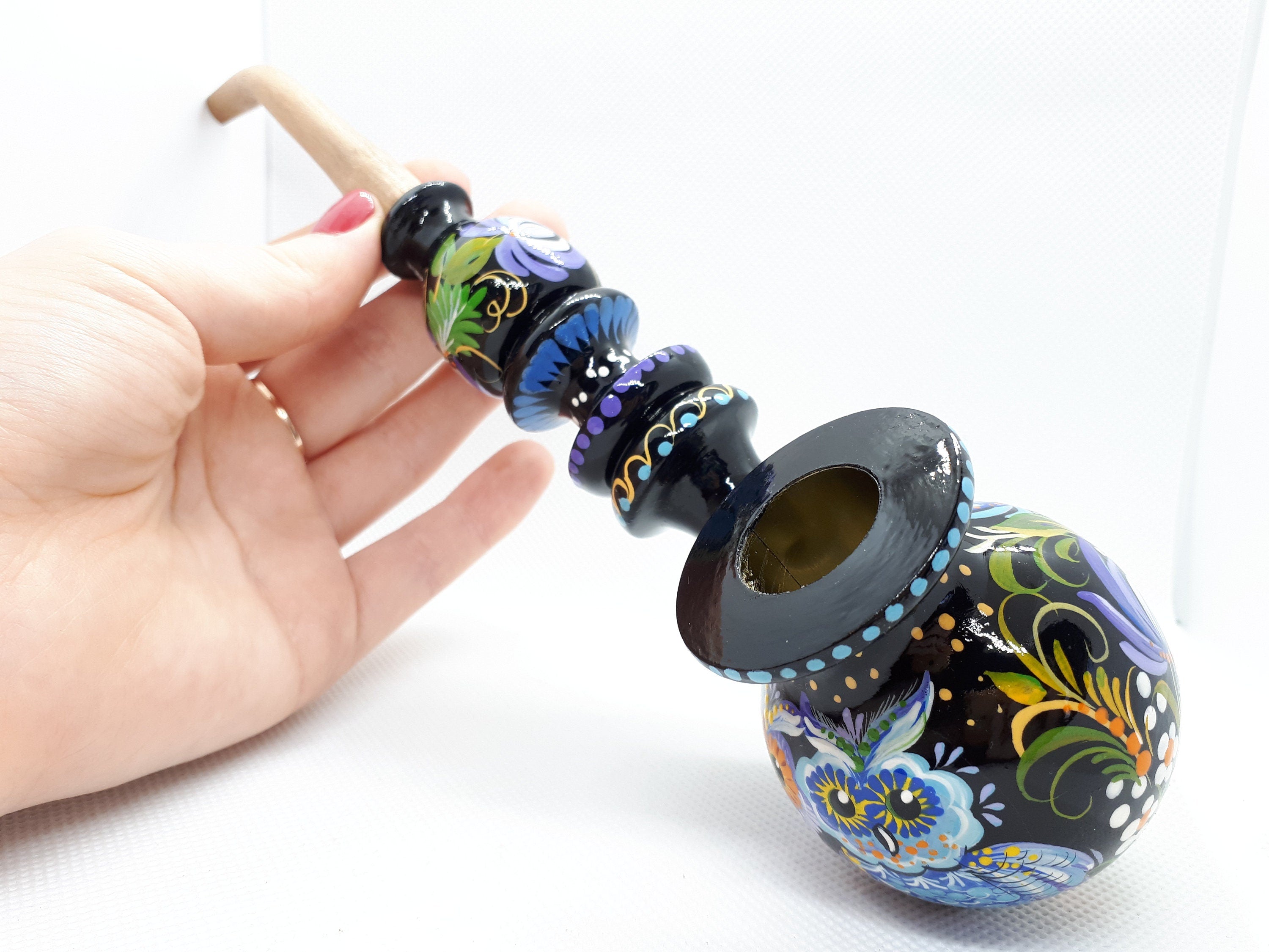 Hand-Painted Wooden Owl Couple Smoking Pipe with Ukrainian Folk Art Petrykivka