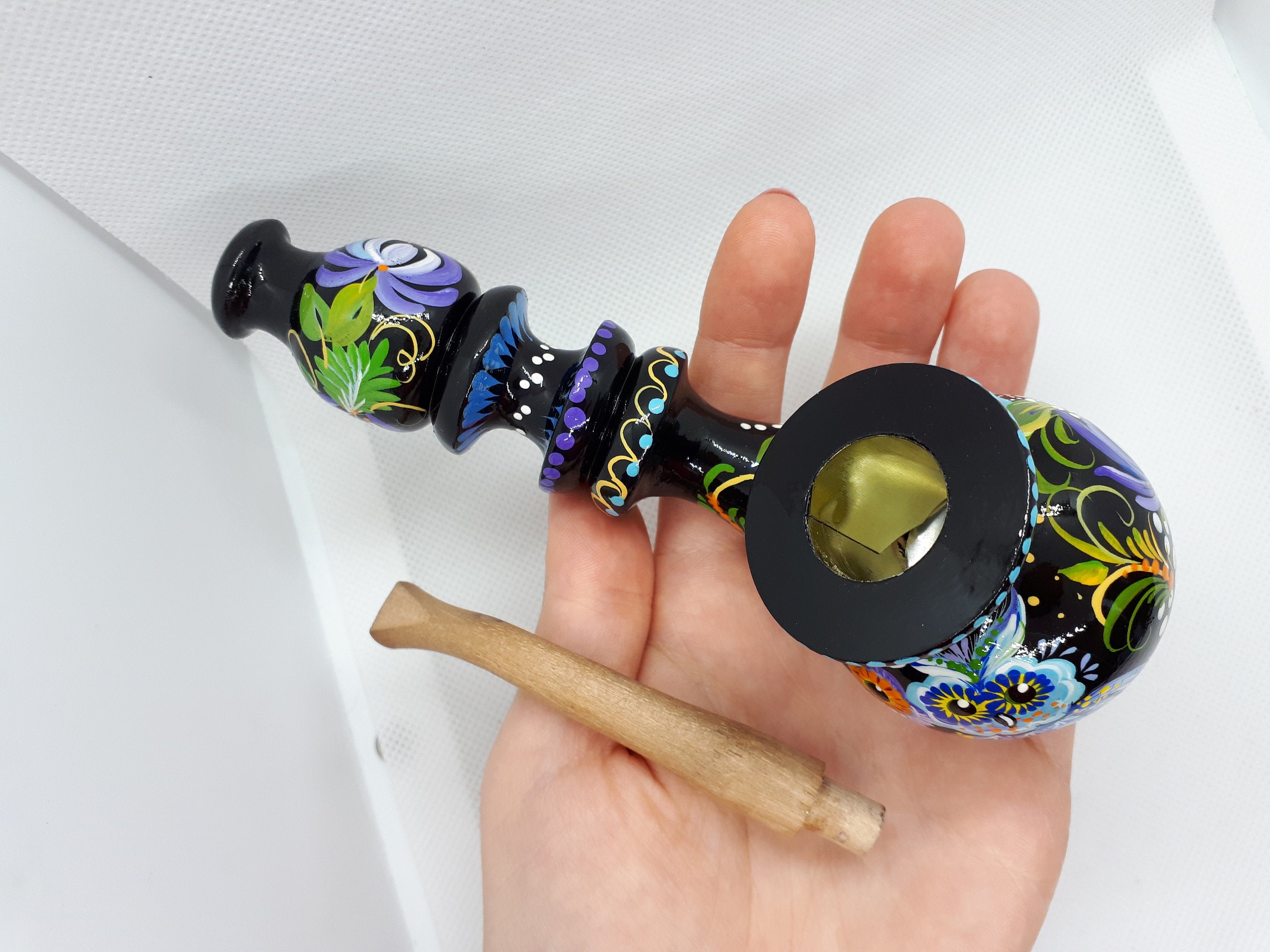 Hand-Painted Wooden Owl Couple Smoking Pipe with Ukrainian Folk Art Petrykivka