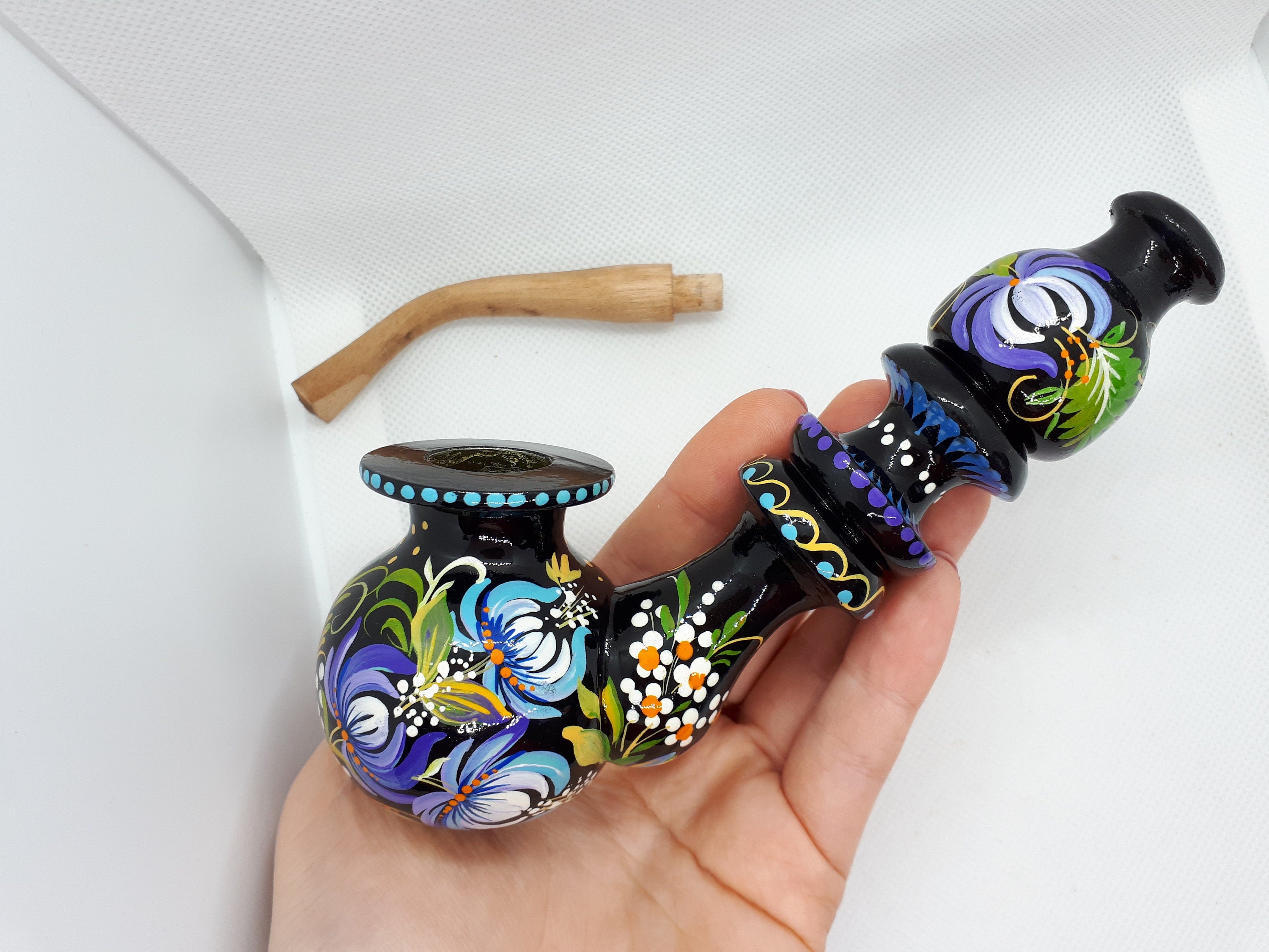 Hand-Painted Wooden Owl Couple Smoking Pipe with Ukrainian Folk Art Petrykivka