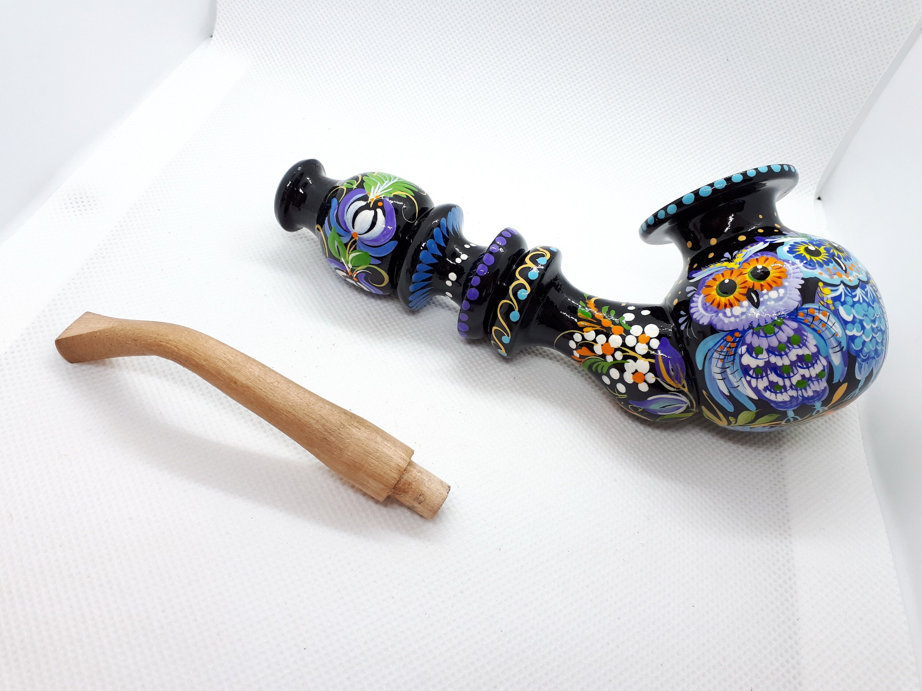 Hand-Painted Wooden Owl Couple Smoking Pipe with Ukrainian Folk Art Petrykivka