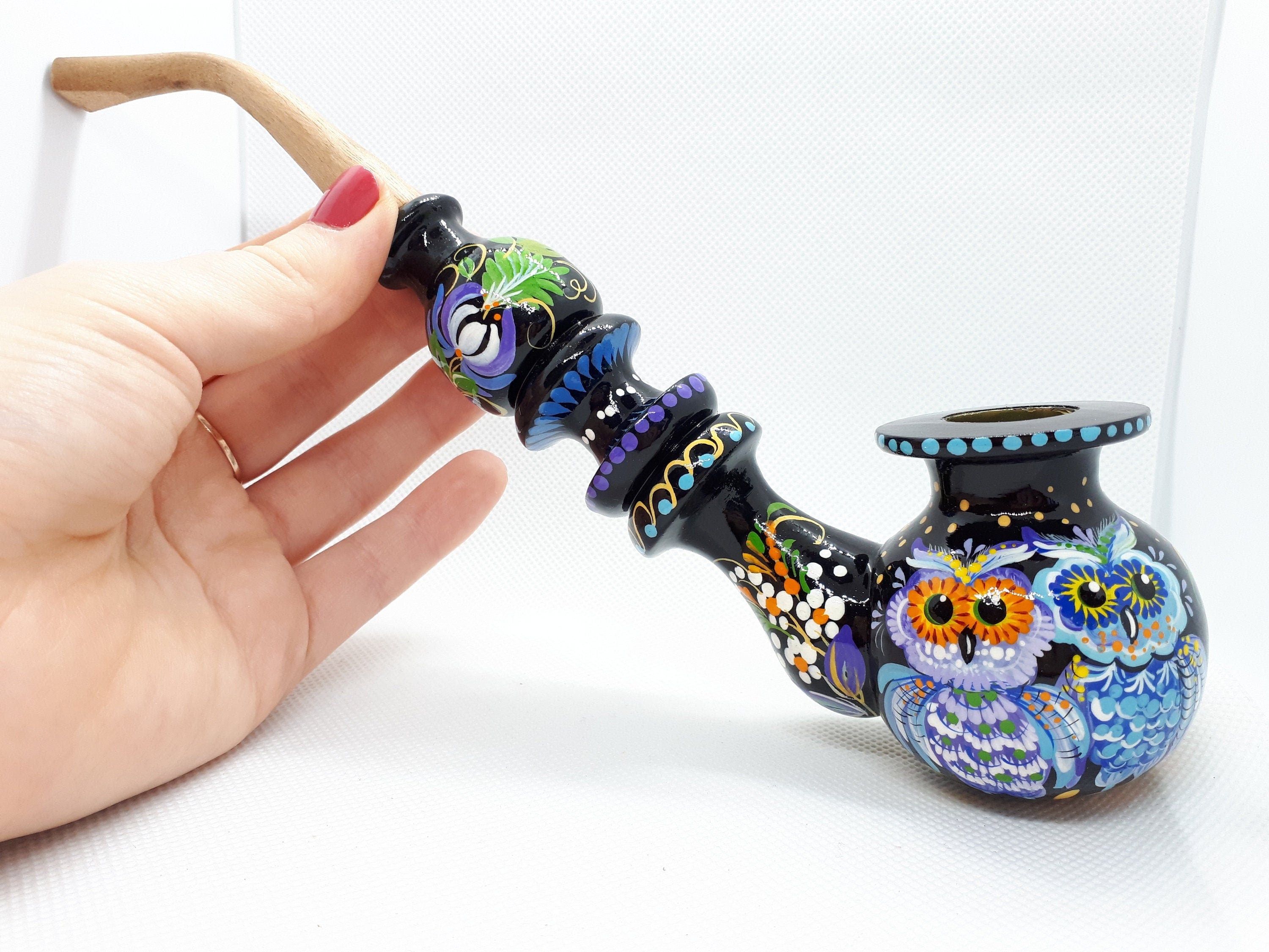 Hand-Painted Wooden Owl Couple Smoking Pipe with Ukrainian Folk Art Petrykivka