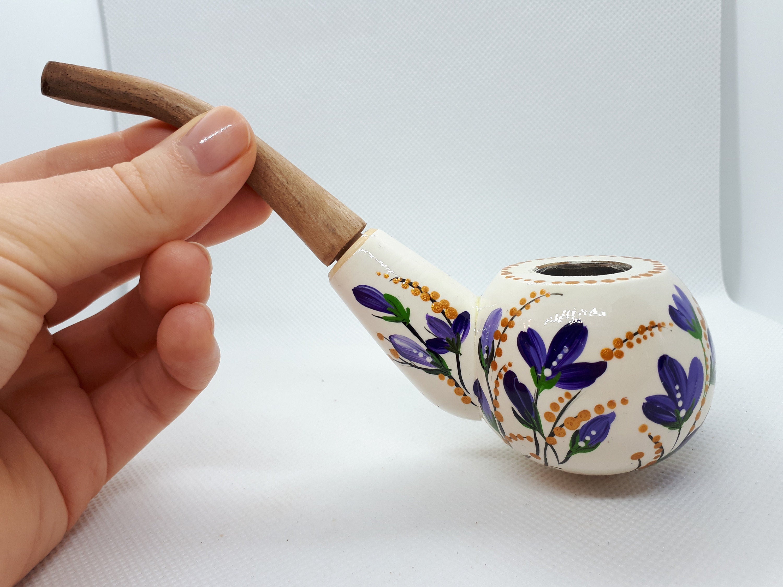Painted Lily of the Valley Smoking Pipe - Wooden Tobacco Pipe with Ukrainian Folk Art Petrykivka