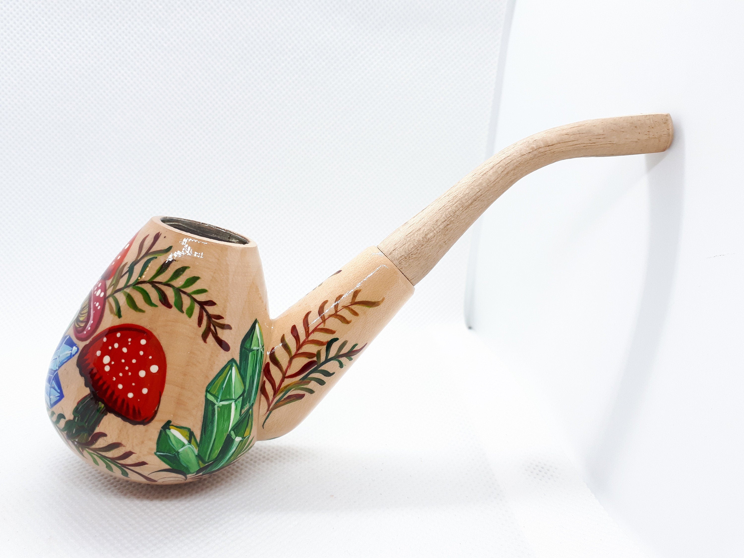 Painted Wooden Smoking Pipe - Mushroom & Crystal Tobacco Pipe Made in Ukraine