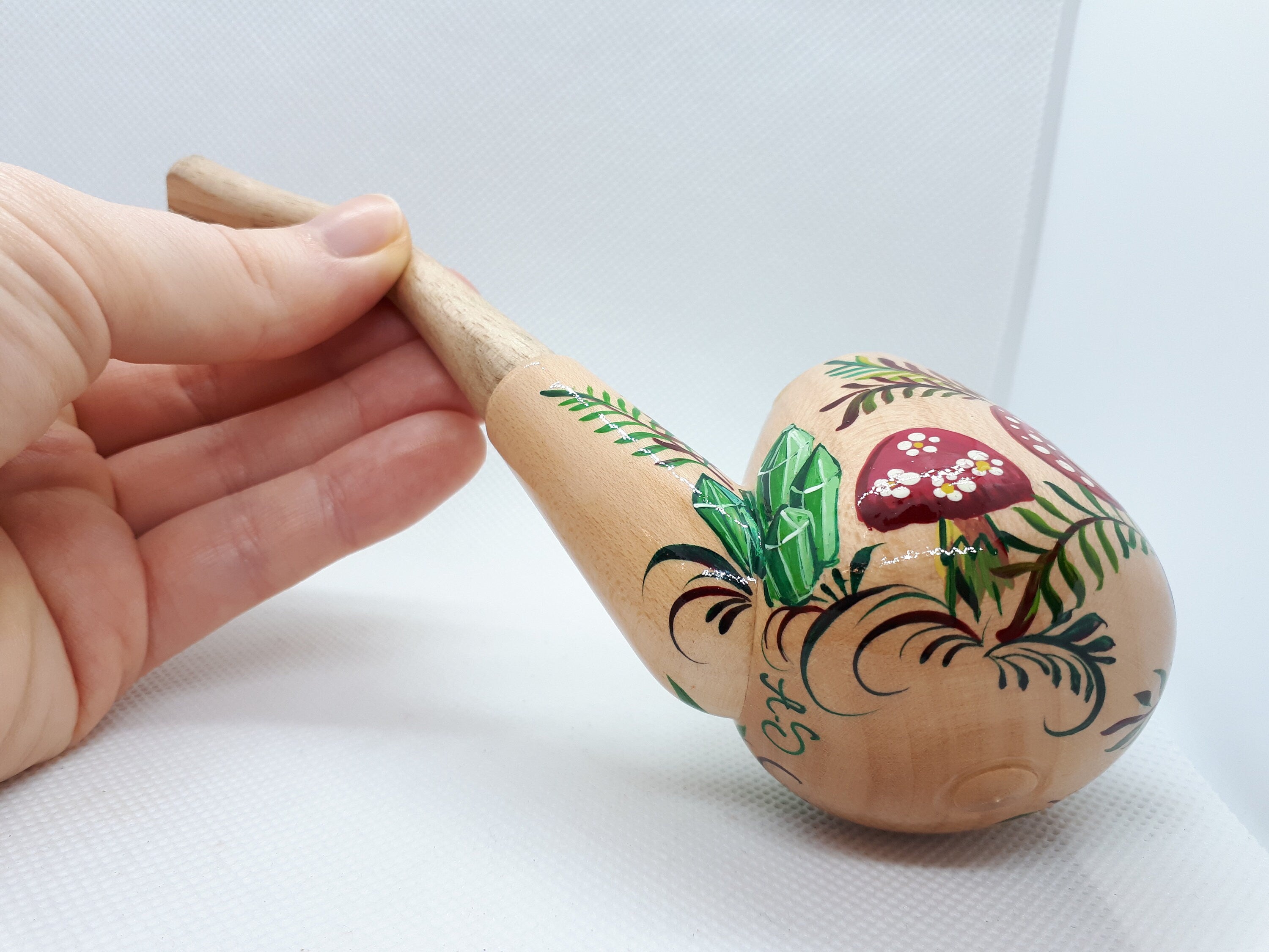 Painted Wooden Smoking Pipe - Mushroom & Crystal Tobacco Pipe Made in Ukraine