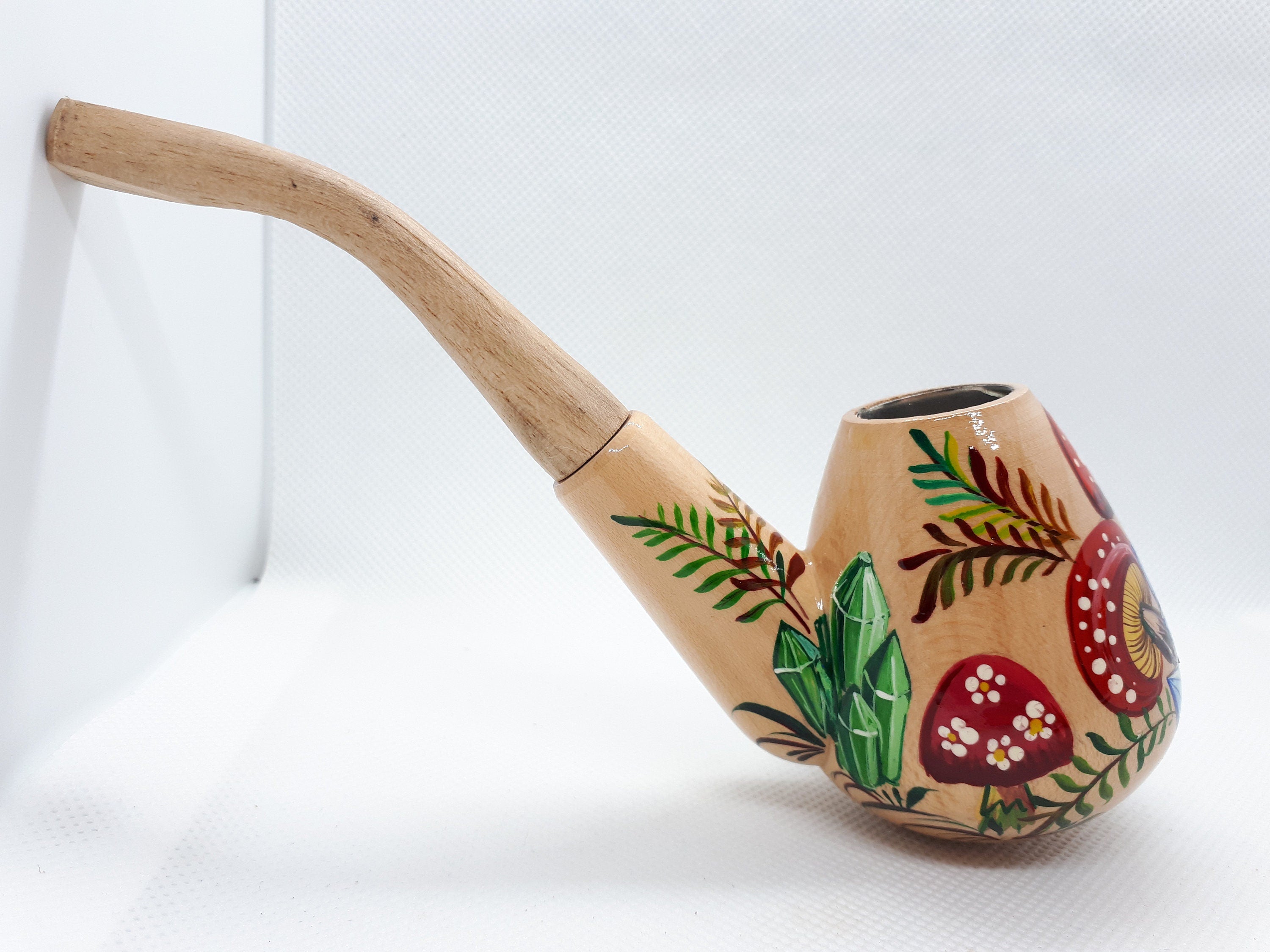 Painted Wooden Smoking Pipe - Mushroom & Crystal Tobacco Pipe Made in Ukraine