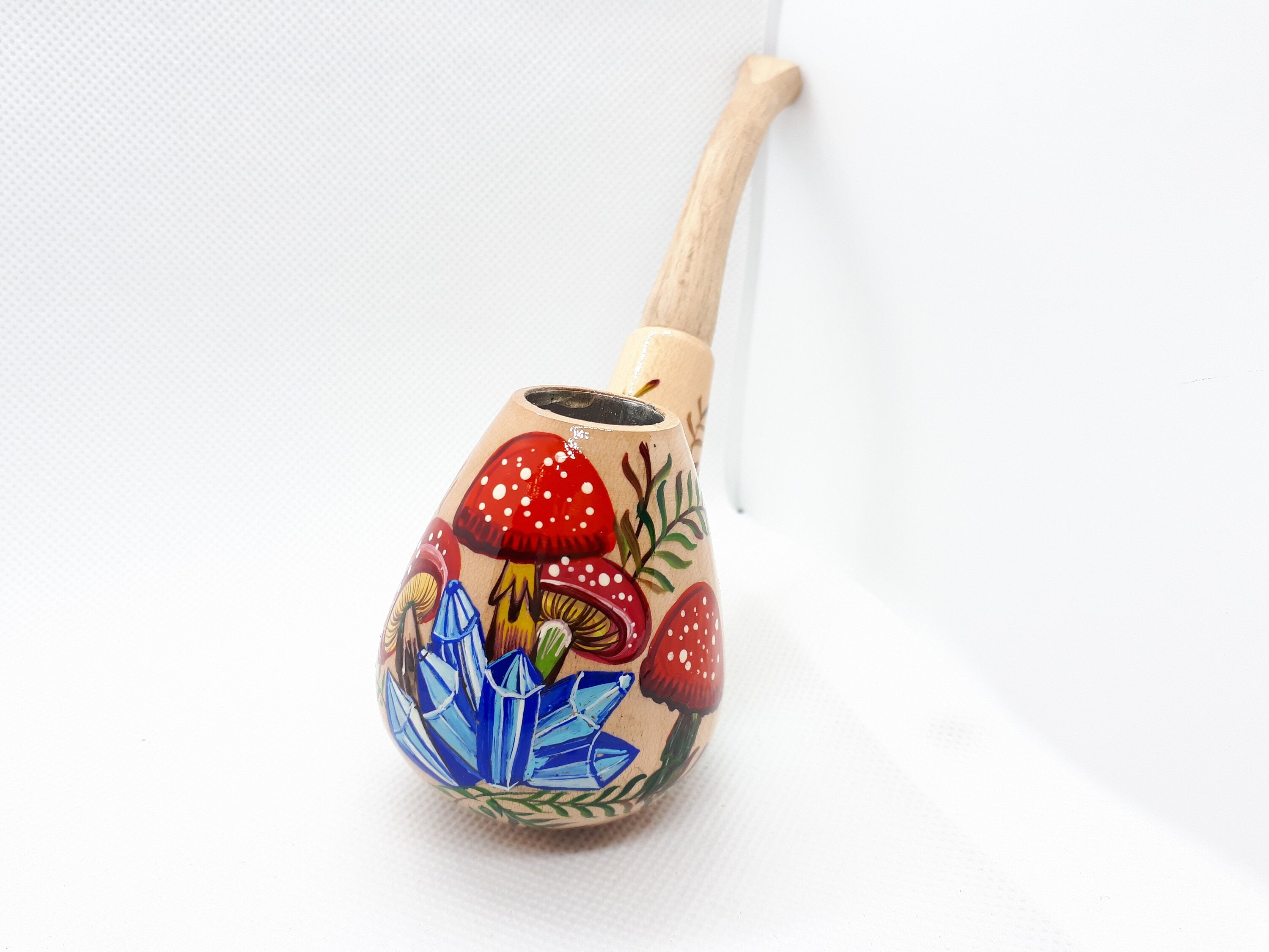 Painted Wooden Smoking Pipe - Mushroom & Crystal Tobacco Pipe Made in Ukraine