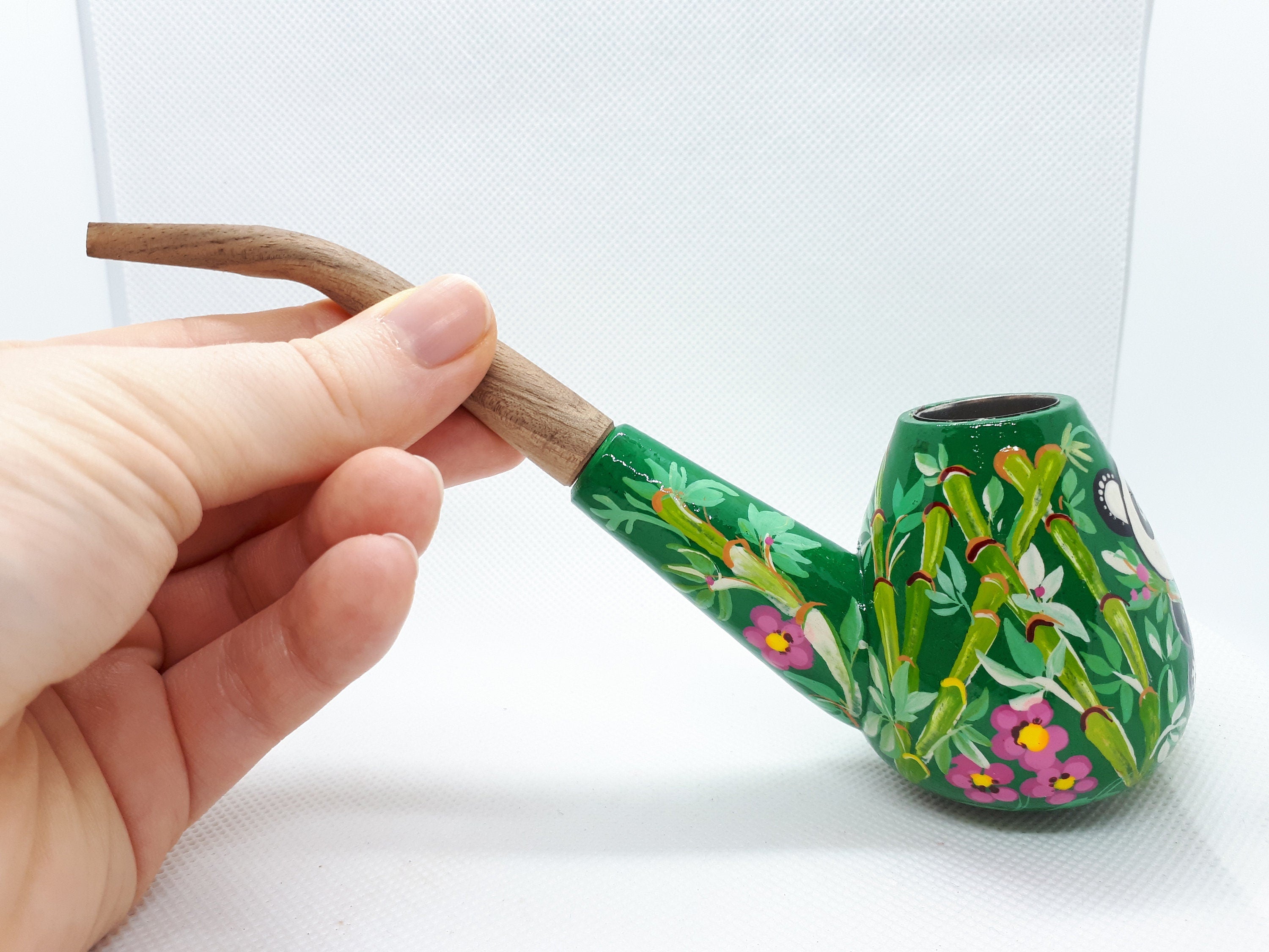 Painted Wooden Smoking Pipe - Panda in Tropics Tobacco Pipe Handmade in Ukraine
