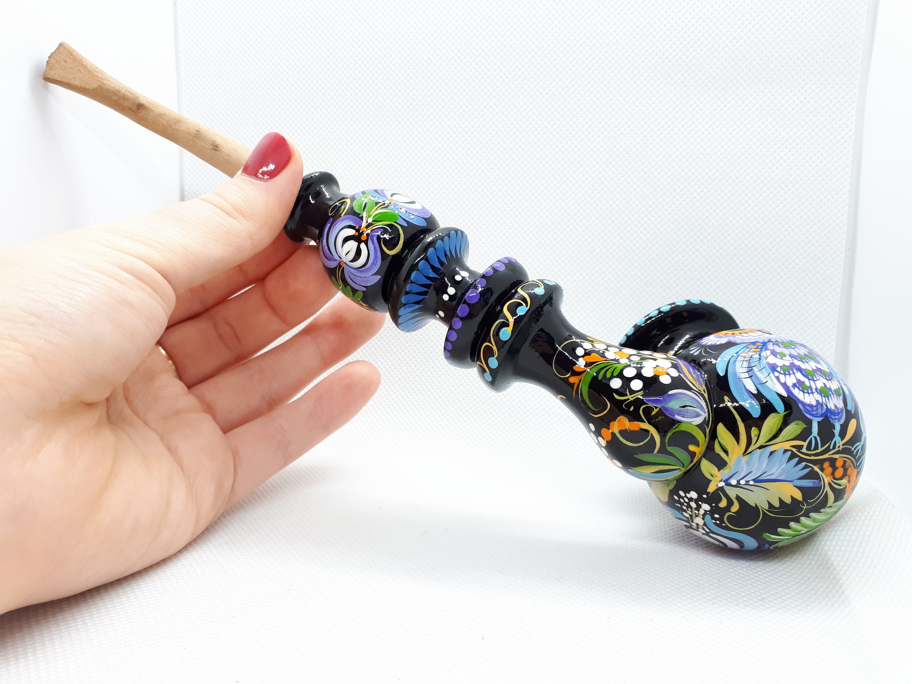 Hand-Painted Wooden Owl Couple Smoking Pipe with Ukrainian Folk Art Petrykivka