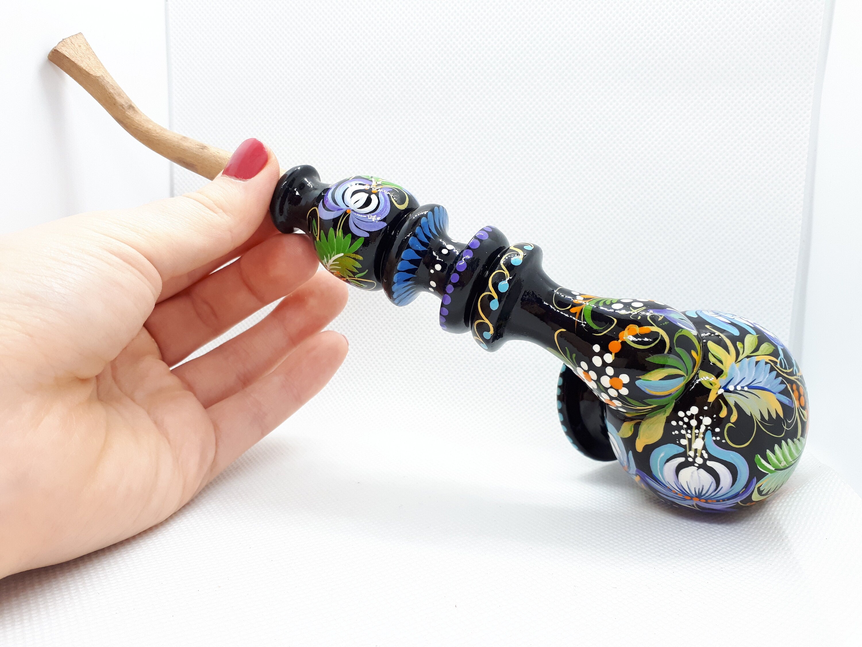 Hand-Painted Wooden Owl Couple Smoking Pipe with Ukrainian Folk Art Petrykivka