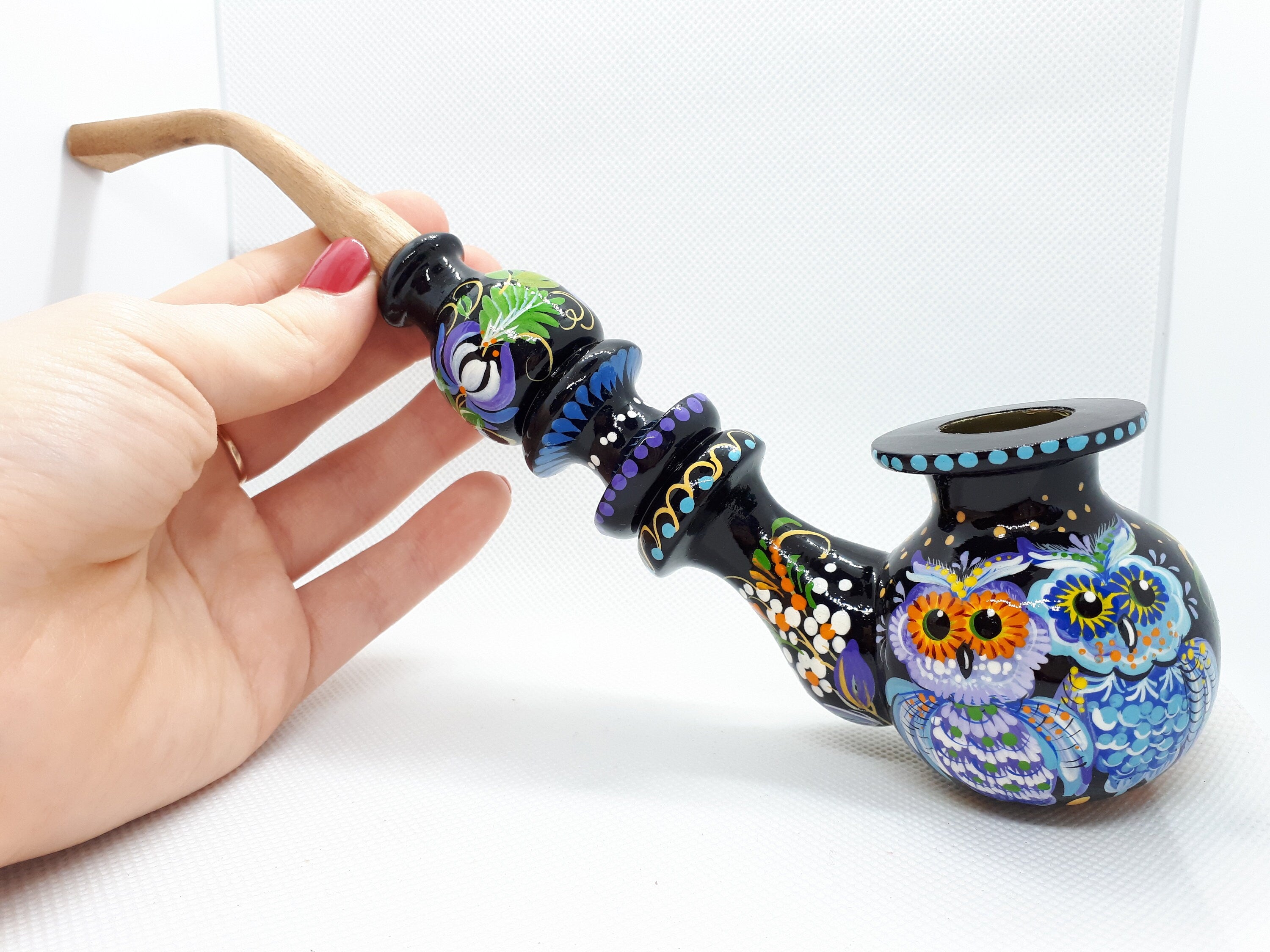 Hand-Painted Wooden Owl Couple Smoking Pipe with Ukrainian Folk Art Petrykivka