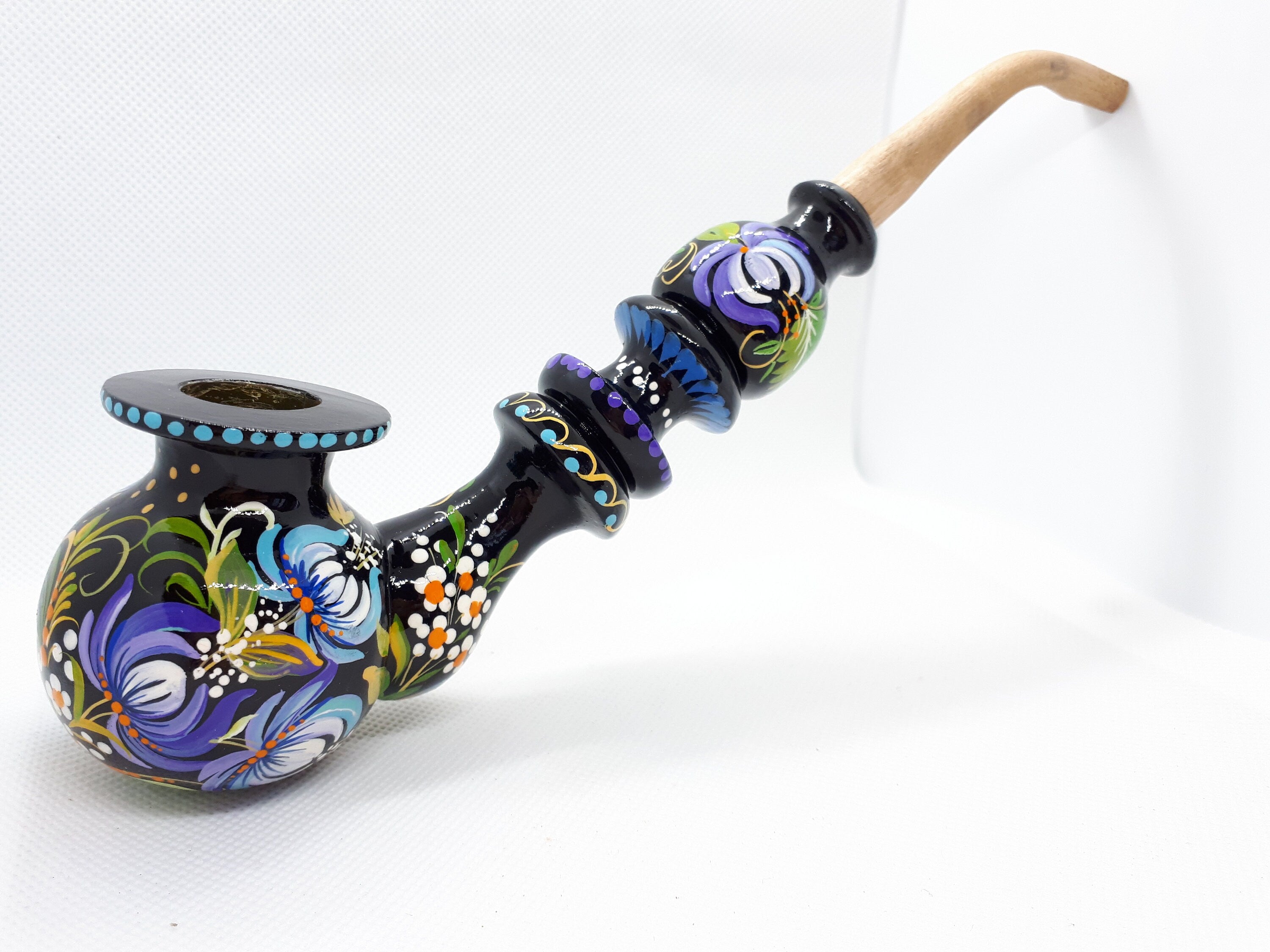 Hand-Painted Wooden Owl Couple Smoking Pipe with Ukrainian Folk Art Petrykivka