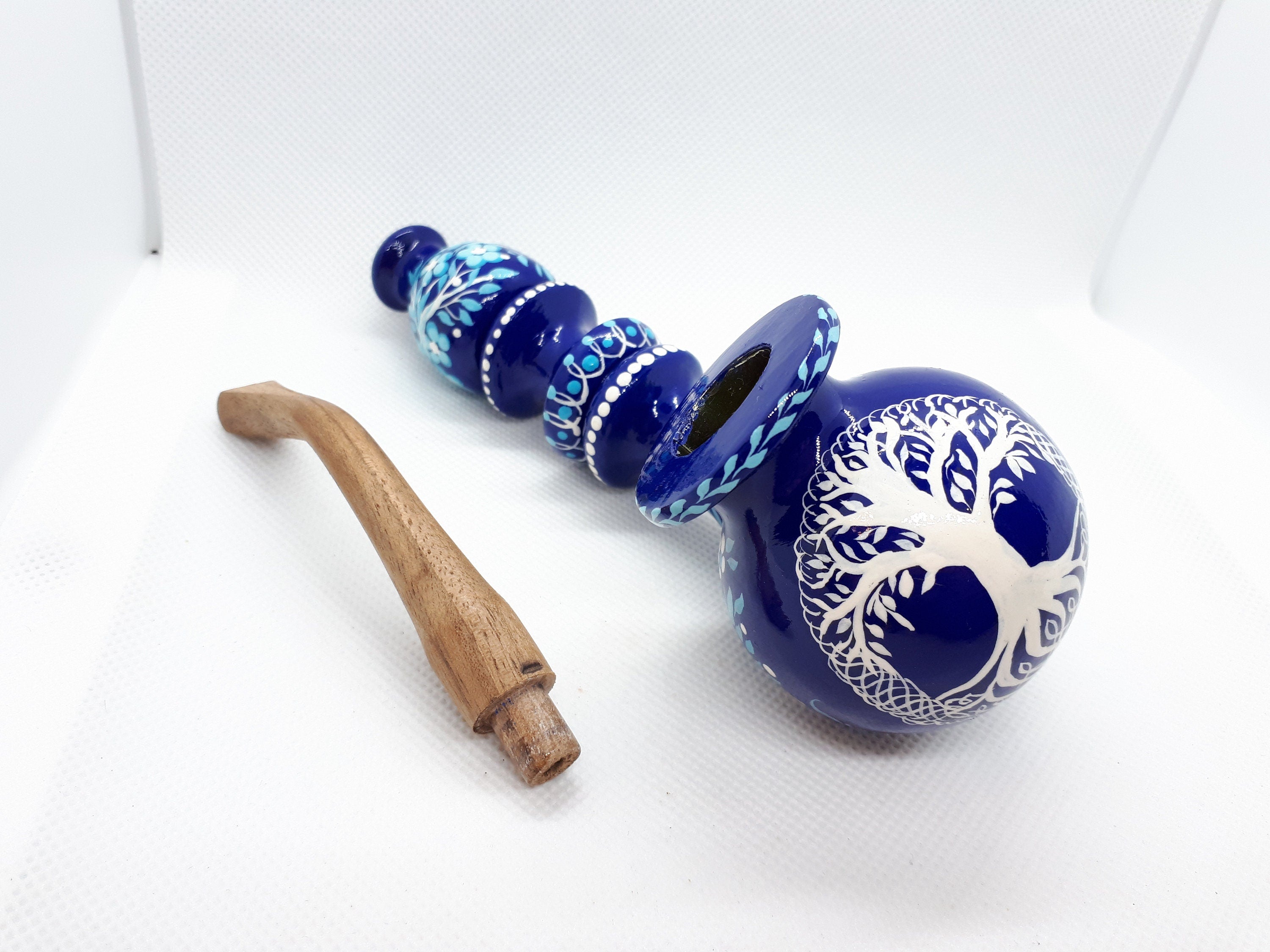 Wooden Smoking Pipe with Painted Tree of Life - Celtic Tobacco Pipe
