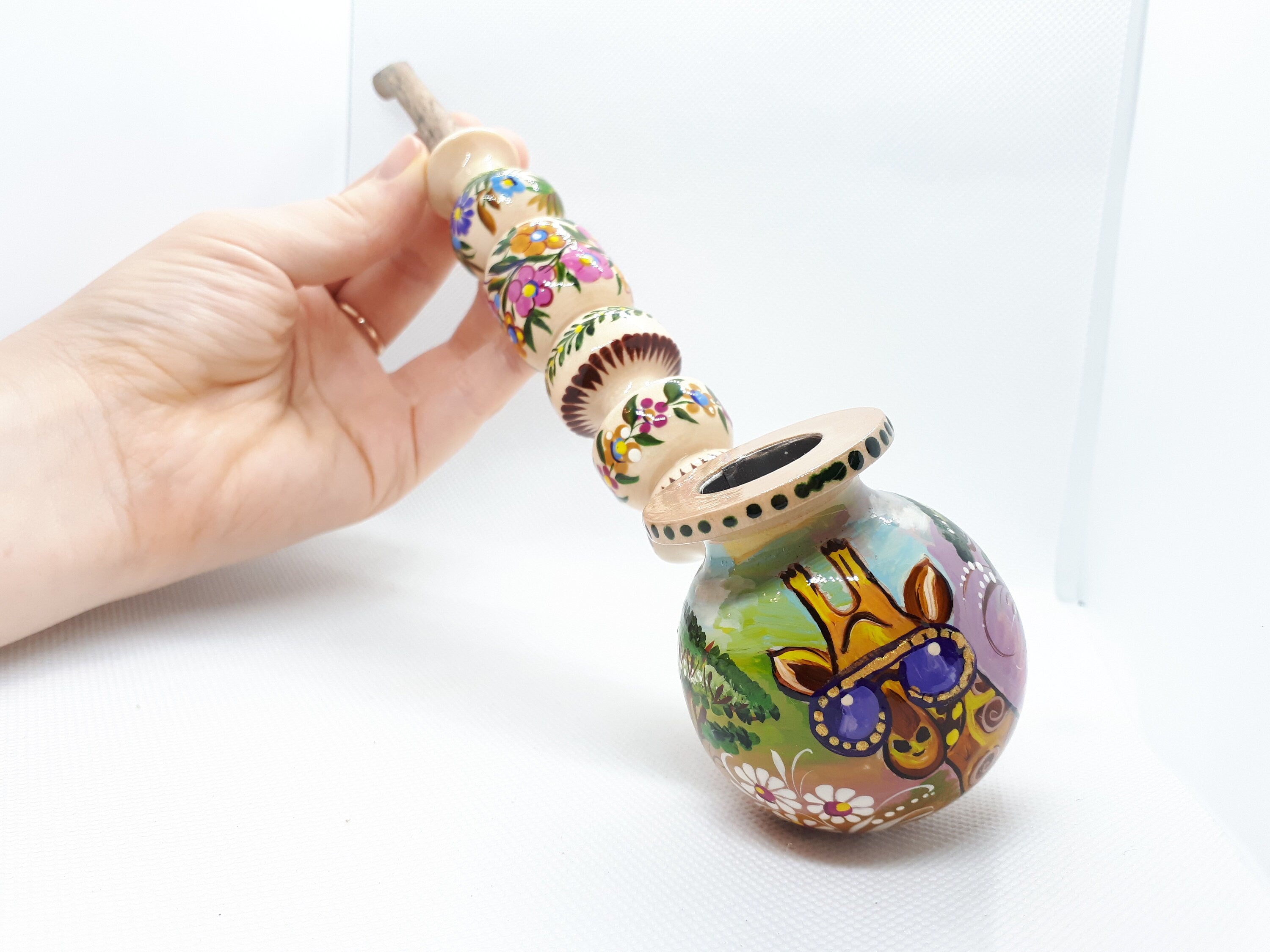 Long Wooden Smoking Pipe with Painted Giraffe in Sunglasses - Savanna Animal Pipe