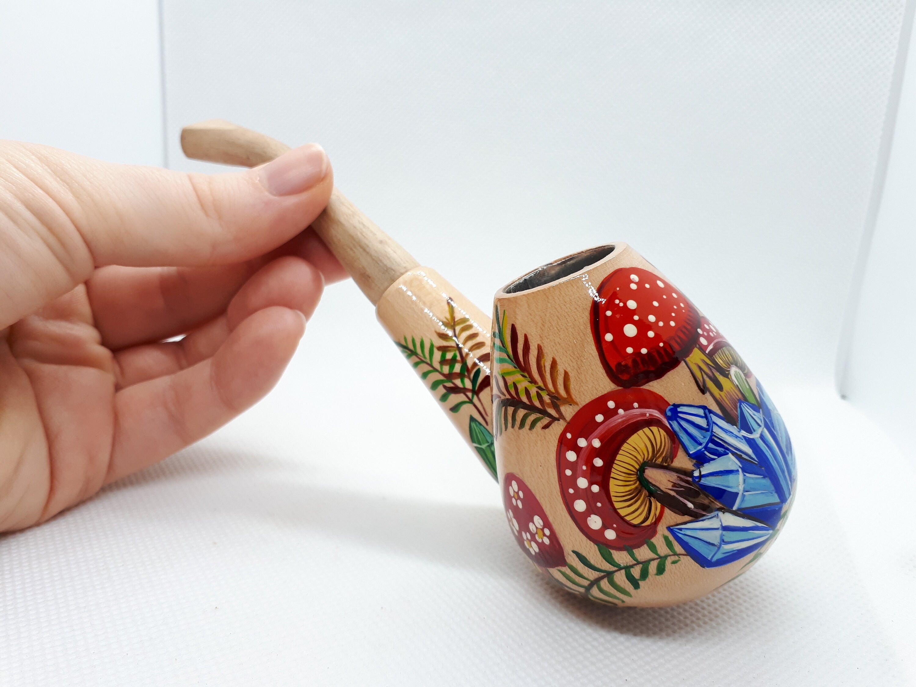 Painted Wooden Smoking Pipe - Mushroom & Crystal Tobacco Pipe Made in Ukraine