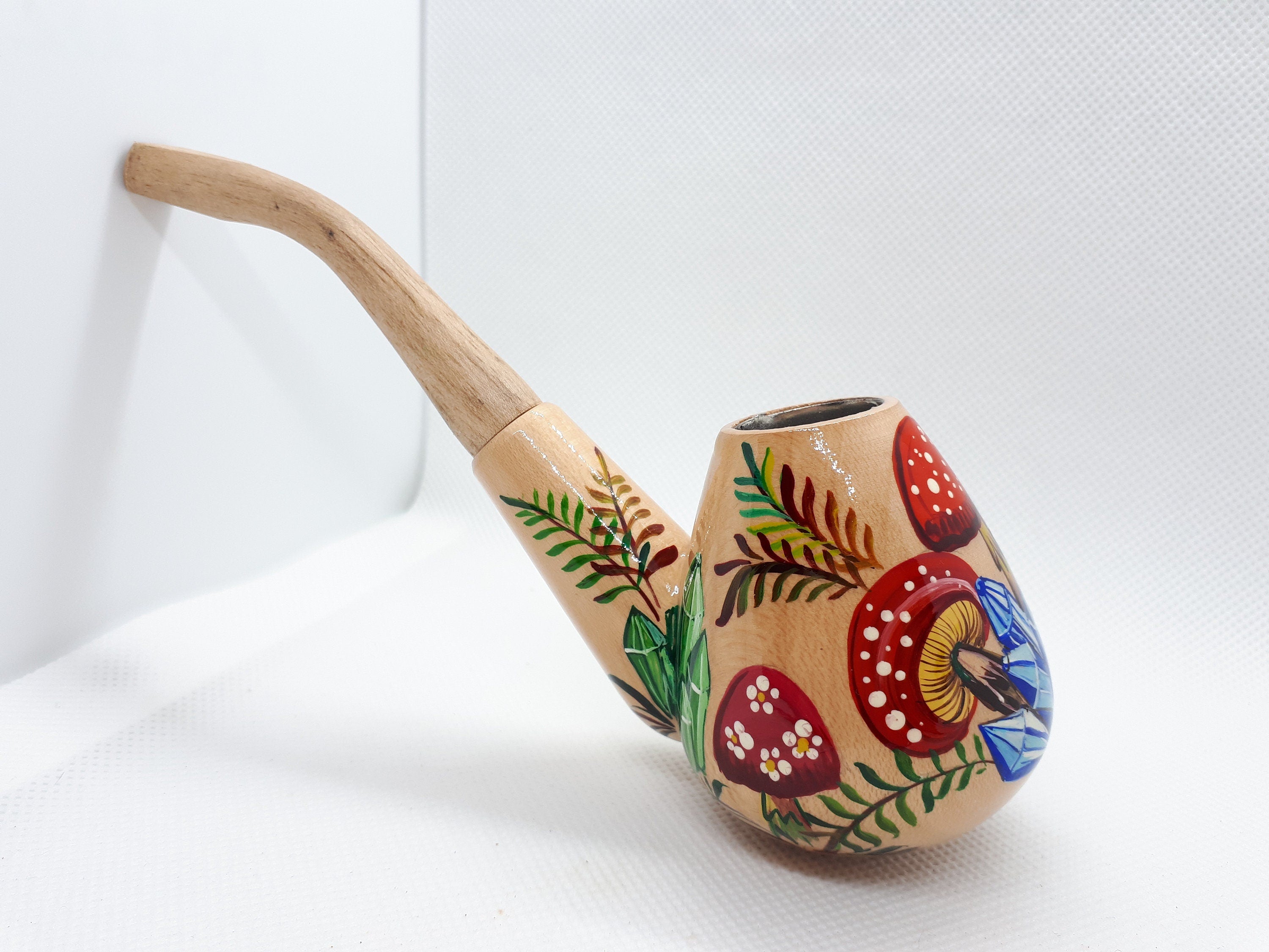 Painted Wooden Smoking Pipe - Mushroom & Crystal Tobacco Pipe Made in Ukraine