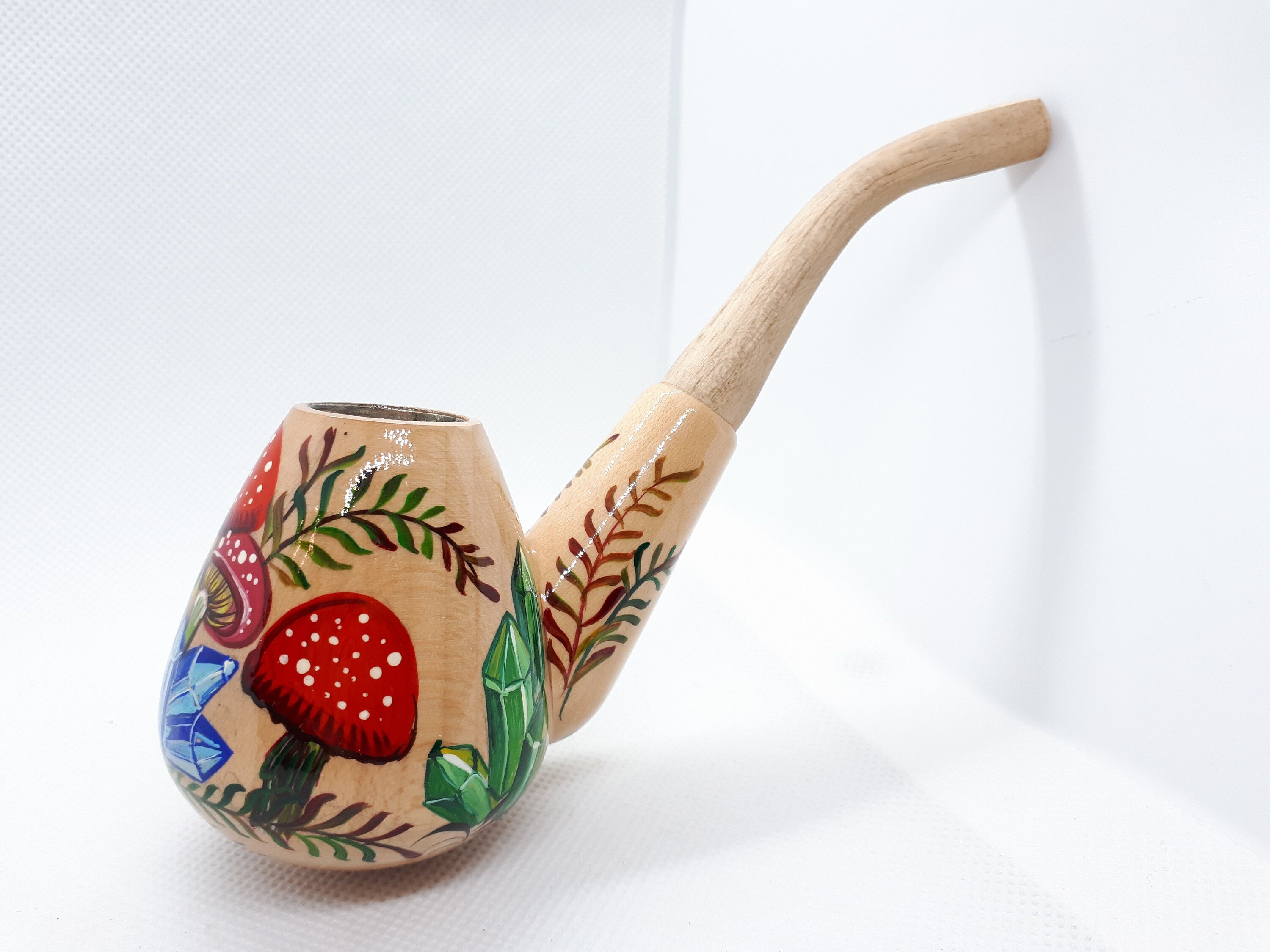 Painted Wooden Smoking Pipe - Mushroom & Crystal Tobacco Pipe Made in Ukraine