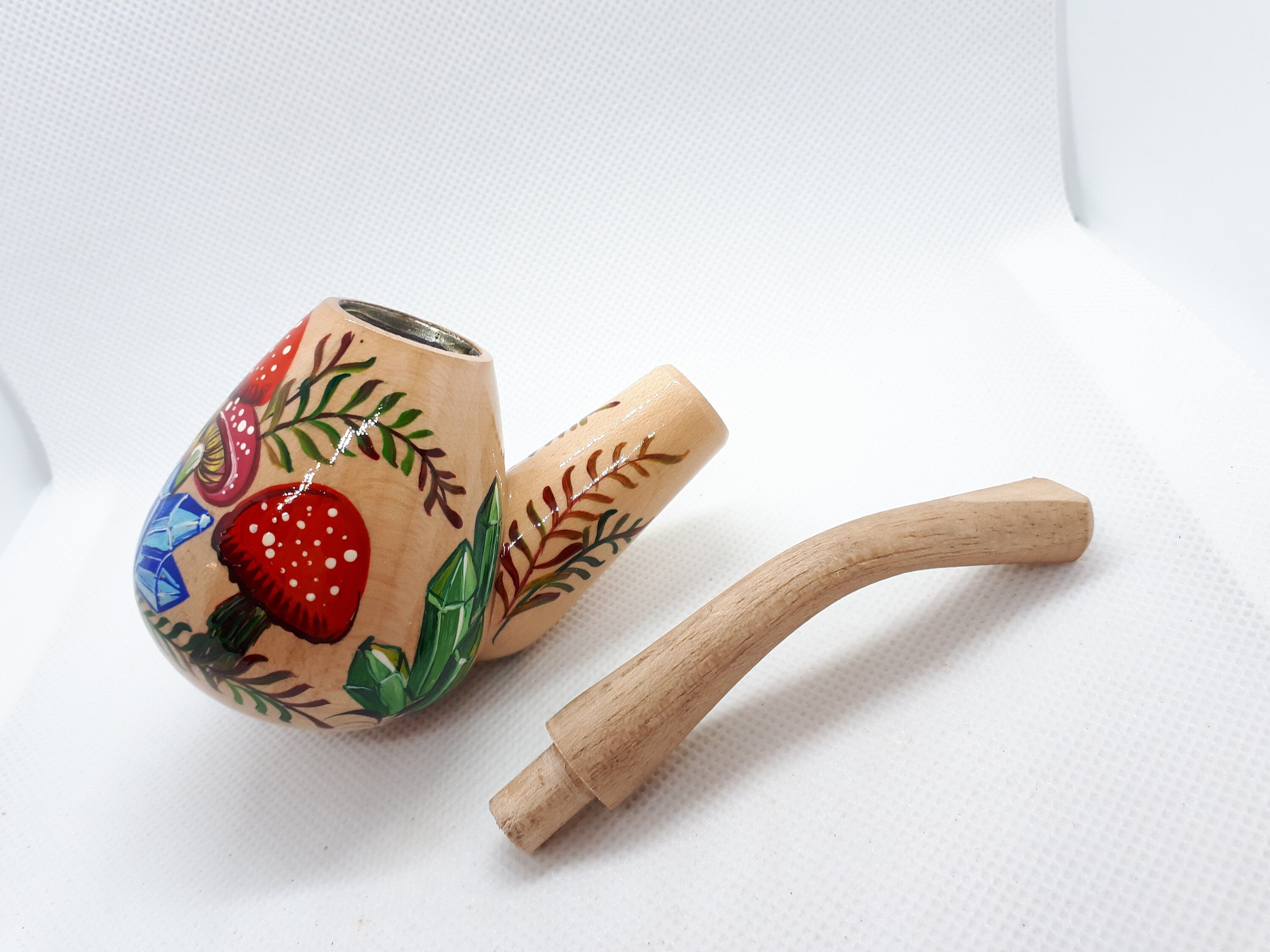 Painted Wooden Smoking Pipe - Mushroom & Crystal Tobacco Pipe Made in Ukraine