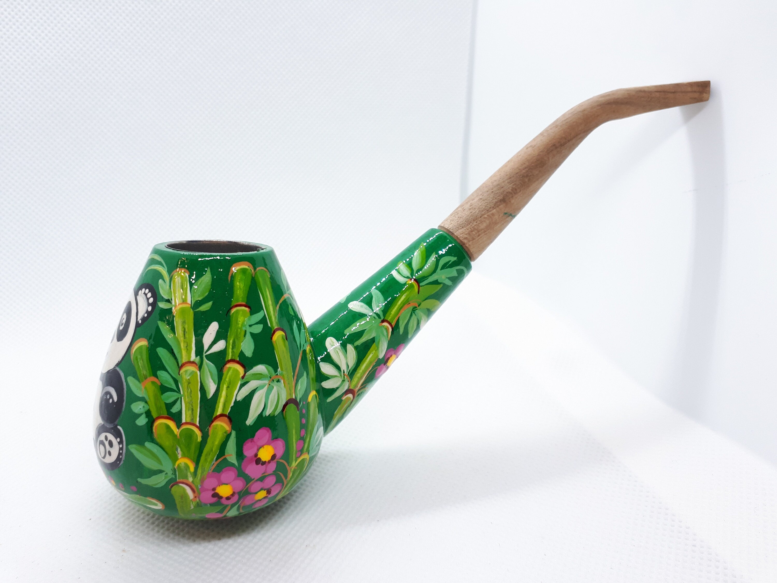 Painted Wooden Smoking Pipe - Panda in Tropics Tobacco Pipe Handmade in Ukraine