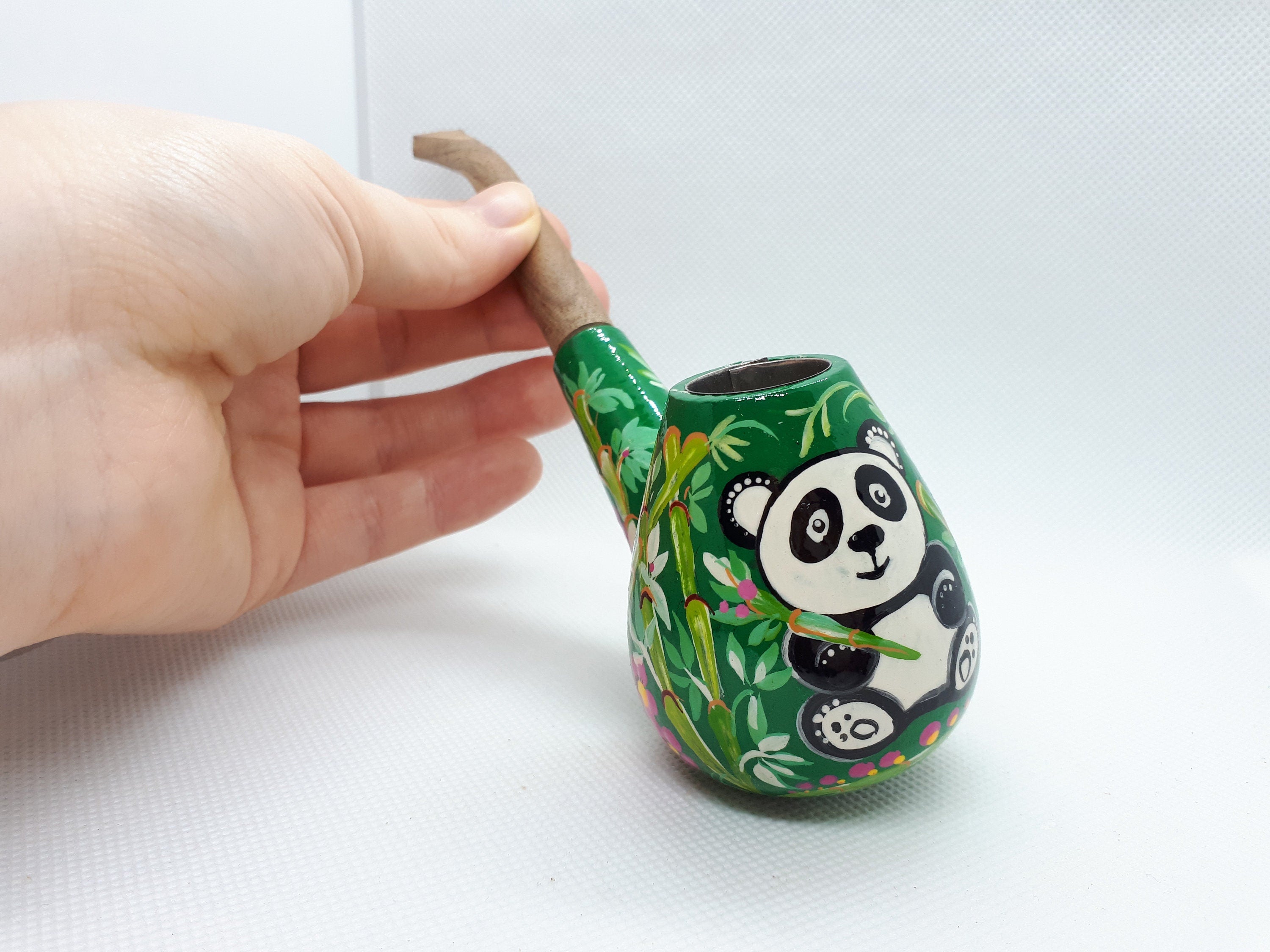 Painted Wooden Smoking Pipe - Panda in Tropics Tobacco Pipe Handmade in Ukraine